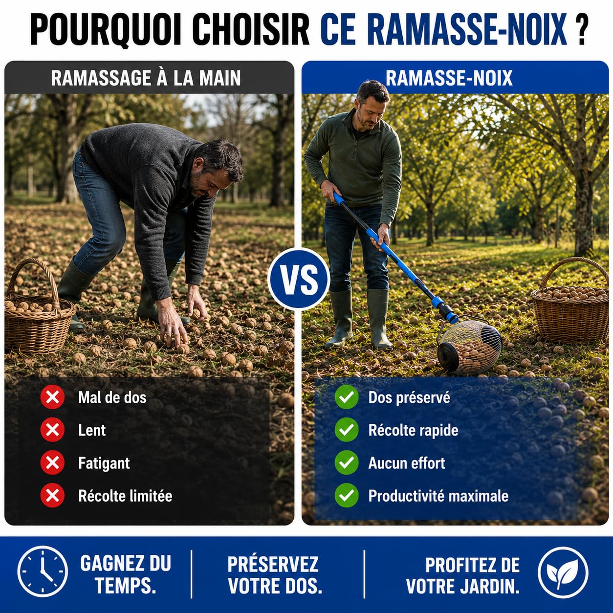 Ramasse Noix avec Manche Mécanique - Outil Cueillettes Jardin & Forêt – Ramasse Noisette et Ramasse Pomme - Cueilleur Inoxydable 1m, Léger, Anti-Douleur Dos, Facile à Utiliser