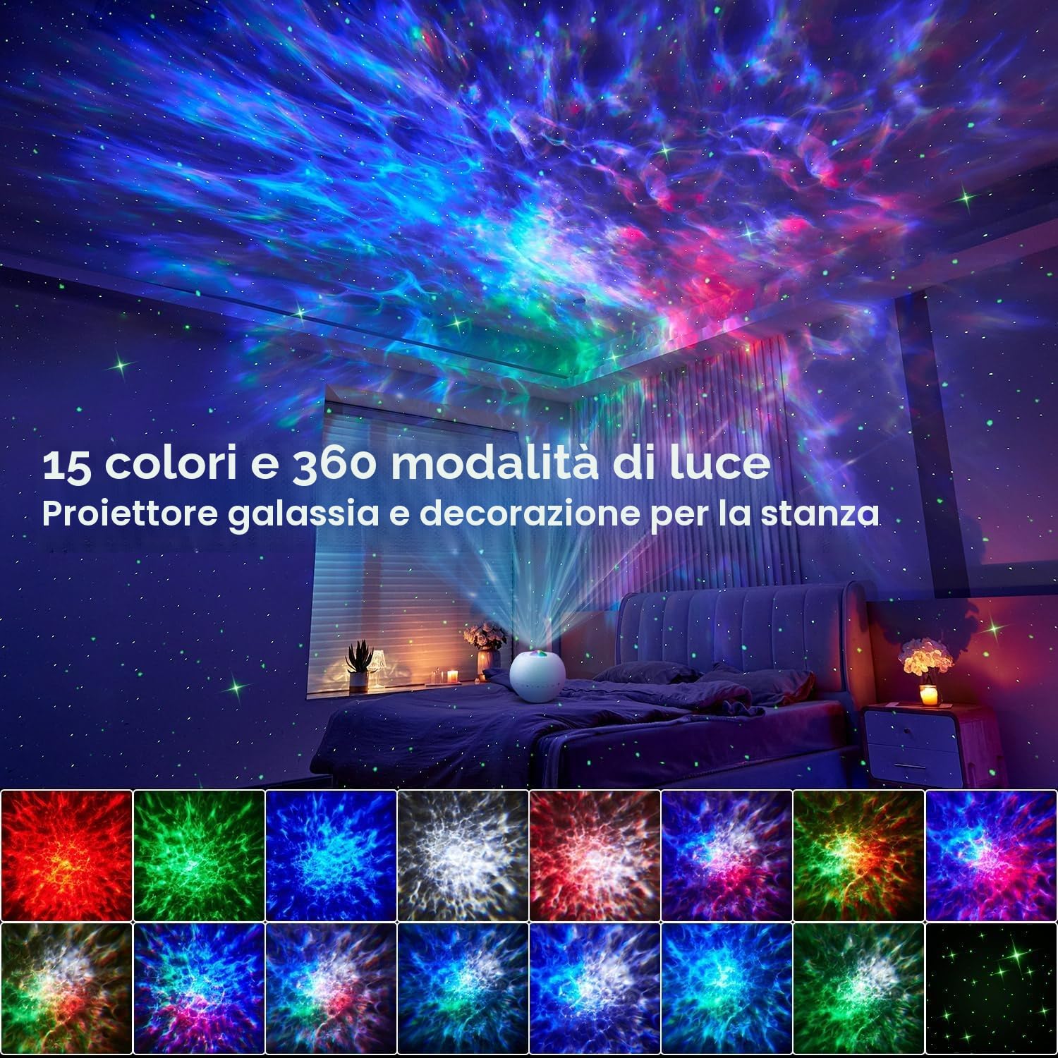 One Fire Proiettore Stelle Soffitto, 15 Colori Luce Notturna Bambini Regalo Ragazza 10 Anni-15 Anni, 15 Rumore Bianco +Bluetooth Proiettore Soffitto Luci LED Camera da Letto Regali Ragazza Ragazzo