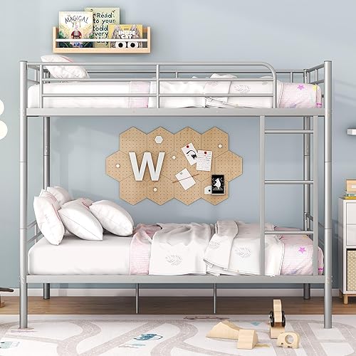 Miniatura 66 de Harper & Bright Designs Litera de metal completo sobre tamaño matrimonial para adultos, marco de cama de metal resistente con escalera y correas de