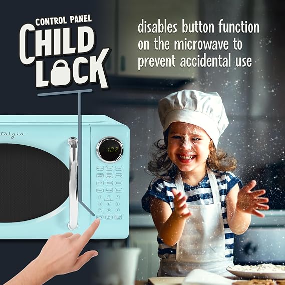 Nostalgia Retro Microwave Oven - 0.7 Cu Ft, 700-Watt Countertop Size with Glass Turntable, Child Safety Lock, 8 Auto-Cook Programs, Digital Clock - Aqua