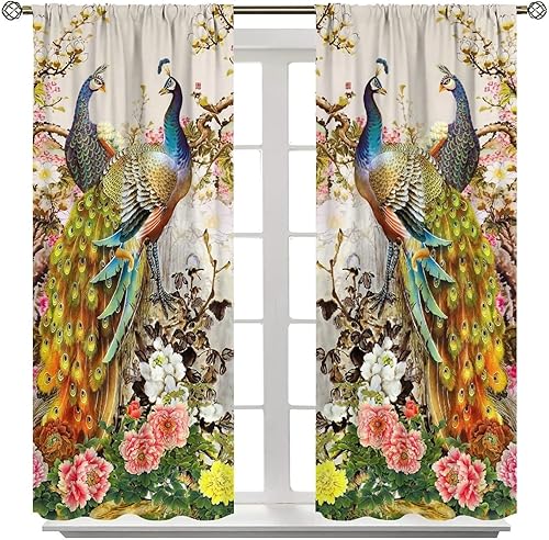 Miniatura 160 de Cortina opaca con estampado de pavo real, con estampado de animales retro, con bolsillo para cortinero y flores de peonía doradas, para dormitorio,