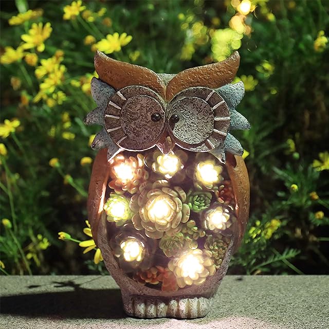 La Jolíe Muse Garden Ornament Owl Figurine, Solar Powered Outdoor Lights, Waterproof Resin Garden Statue for Yard Lawn Decoration Gift
