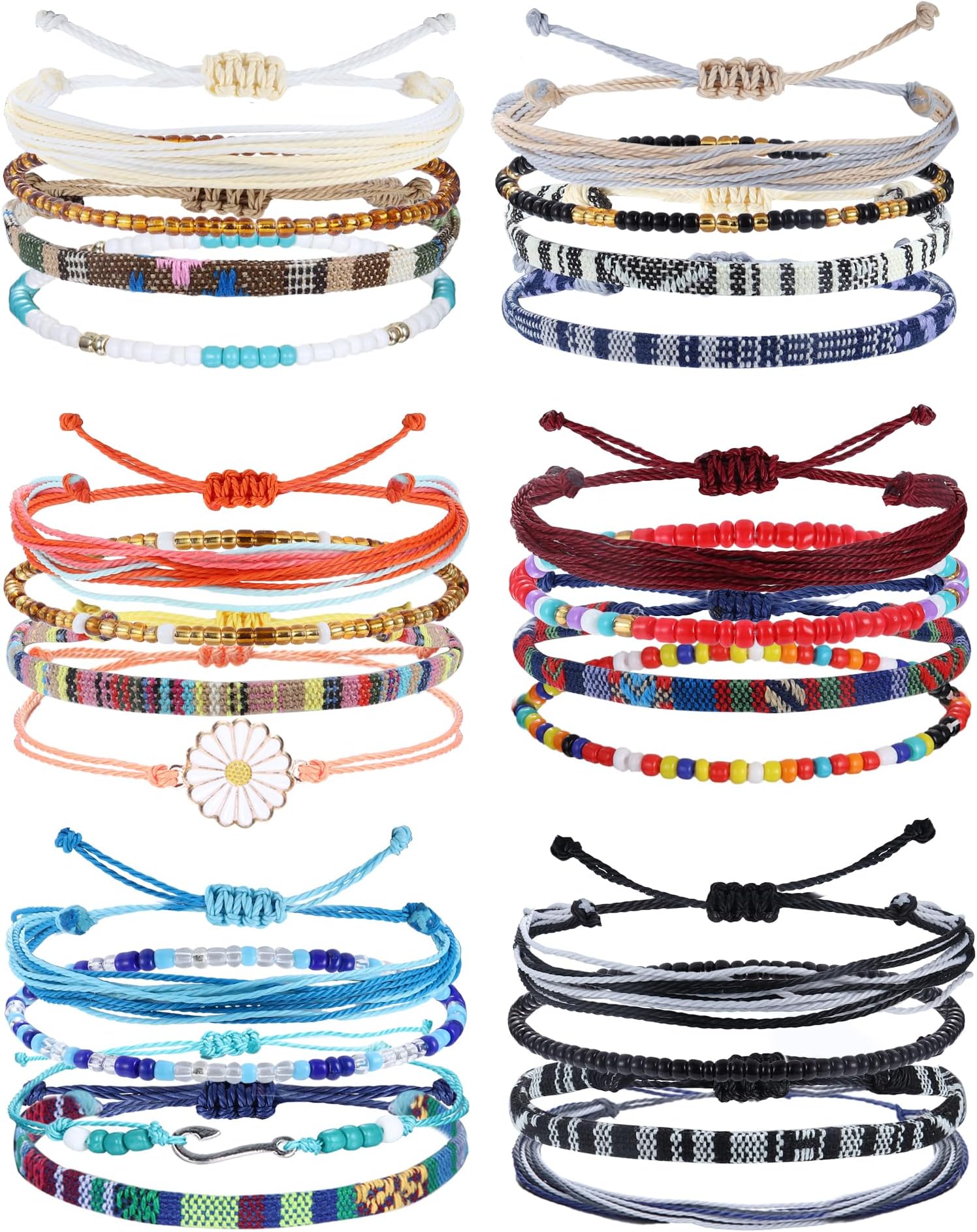 24 Pieces Ankle String Bracelets for Women Surfer Wave Boho Bracelet Adjustable Handmade Friendship Bracelet String Ocean Beach Boho Bracelets Anklets for Women