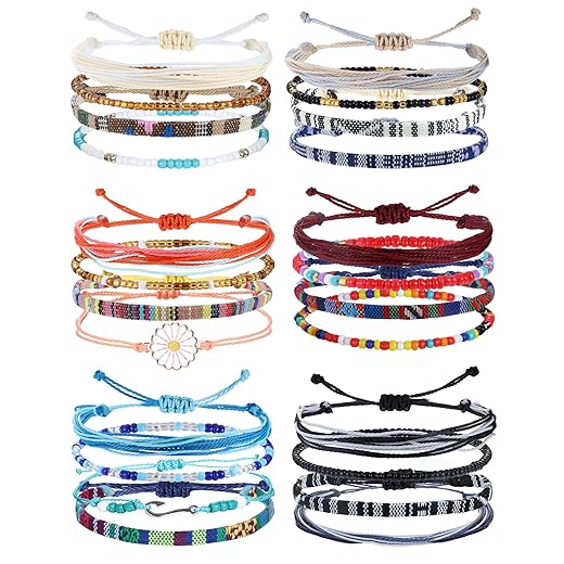 LOLIAS 24 Pieces Waterproof String Bracelets for Women Surfer Wave Boho Bracelet Adjustable Handmade Friendship Bracelet String Ocean Beach Boho Bracelets Anklets for Women