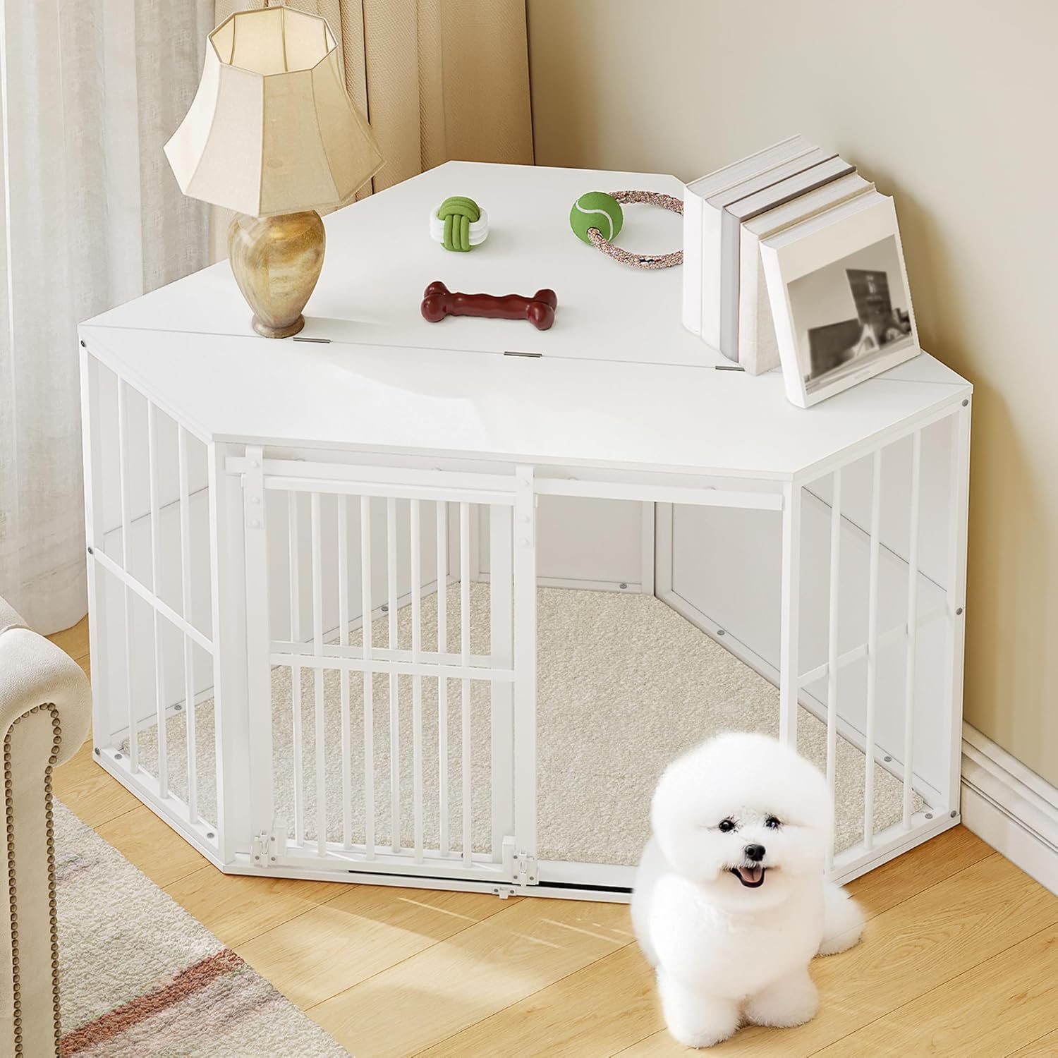 Hzuaneri Eck-Hundekäfig, Hundebox für Zuhause, Hundekäfigmöbel mit Kissen und Schiebetüren, moderne Hundebox, hölzerner Innenscharnierdeckel für mittelgroße kleine Hunde, 107 x 59,6 x 64 cm, Weiß DFC85903W Hzuaneri Eck-Hundekäfig, Hundebox für Zuhause, Hundekäfigmöbel mit Kissen und Schiebetüren, moderne Hundebox, hölzerner Innenscharnierdeckel für mittelgroße kleine Hunde, 107 x 59,6 x 64 cm, Weiß DFC85903W