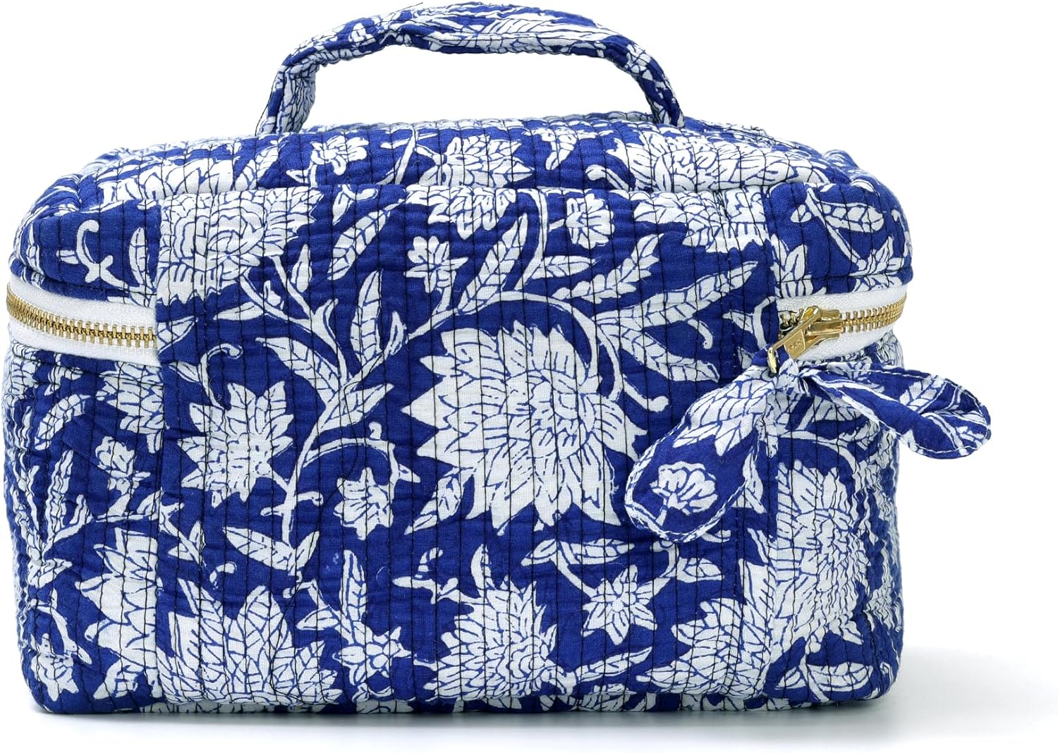 Huar Women’s Quilted Makeup Bag with Handle, Large Capacity Cosmetic Bags, Beauty Essentials & Travel Storage Bag For Womens & Girls (Blue)