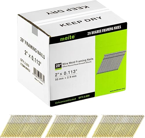Vista 17 de meite Clavos de marco de 28 grados, cabeza redonda desplazada, 3 pulgadas x 0.120 pulgadas, clavos de soldadura de alambre galvanizado, clavos