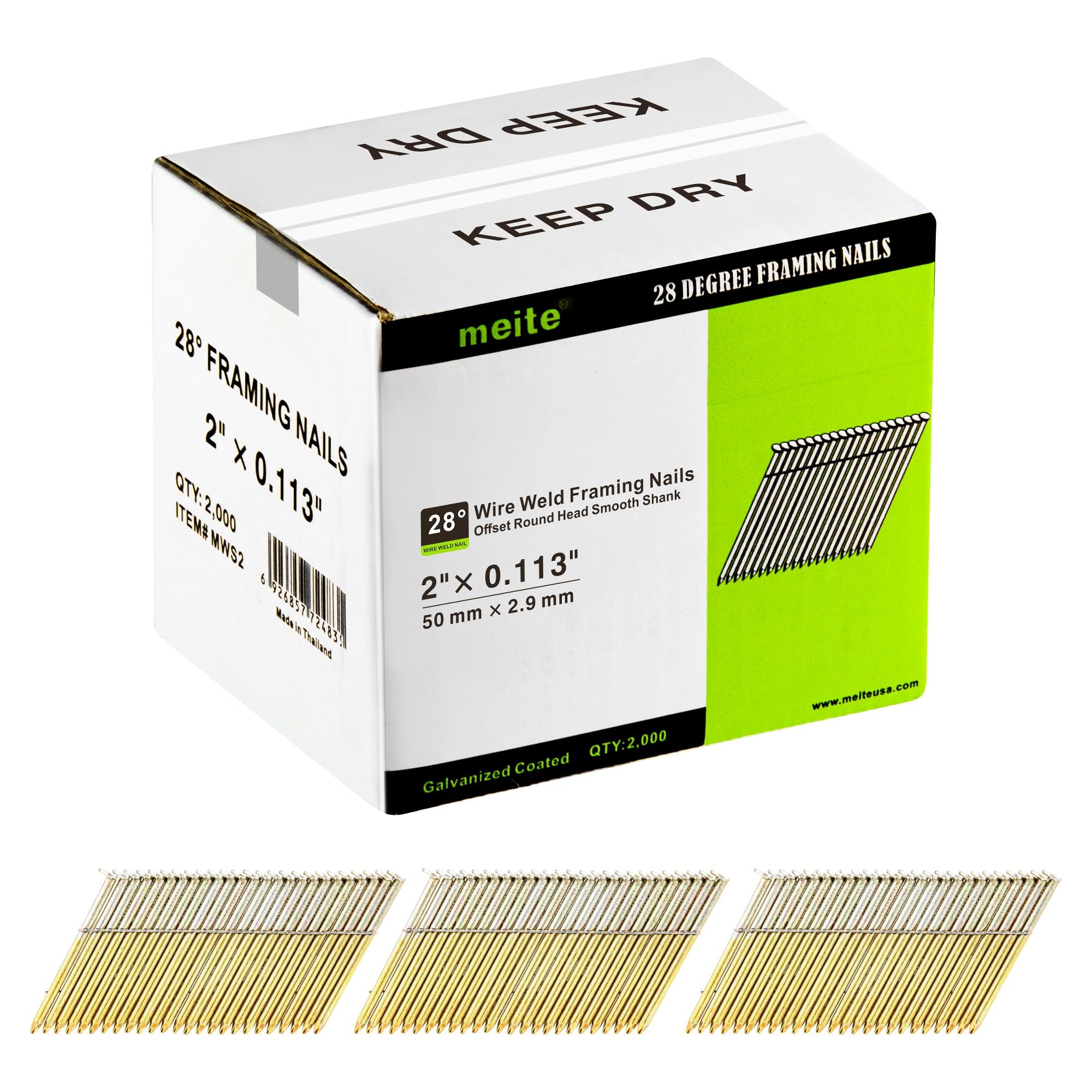 meite Framing Nails 28 Degree 2-Inch Offset Round Head Wire Weld Collated Nails, Galvanized Finish Smooth Shank for Framing Nail Gun (2,000 PCS)