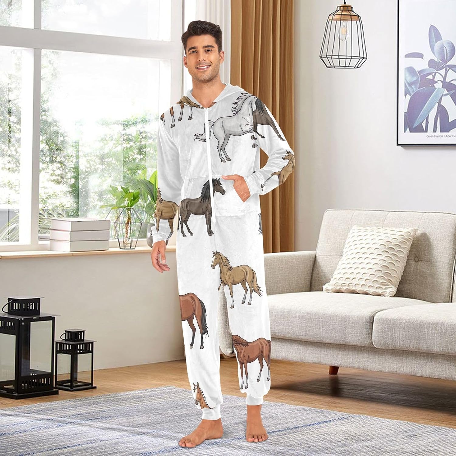 GAIREG Horses White Pajama Onesie Adult Womens, Soft One-Piece Pajama Jumpsuits