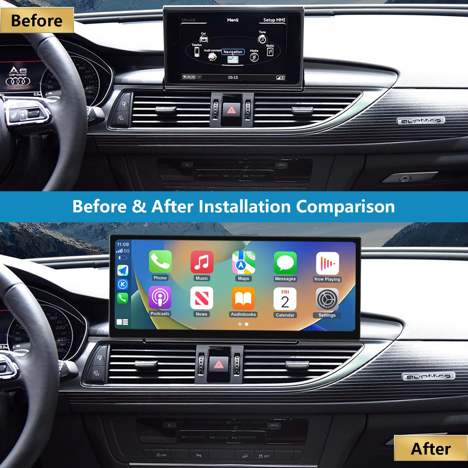 Autoradio touchscreen da 12,3 pollici con Carplay wireless e Android Auto per Audi A6 A7 2011-2018 con sistema 3G MMI/RMC, supporta Mirrorlink, telecamera, navigazione, Siri, musica