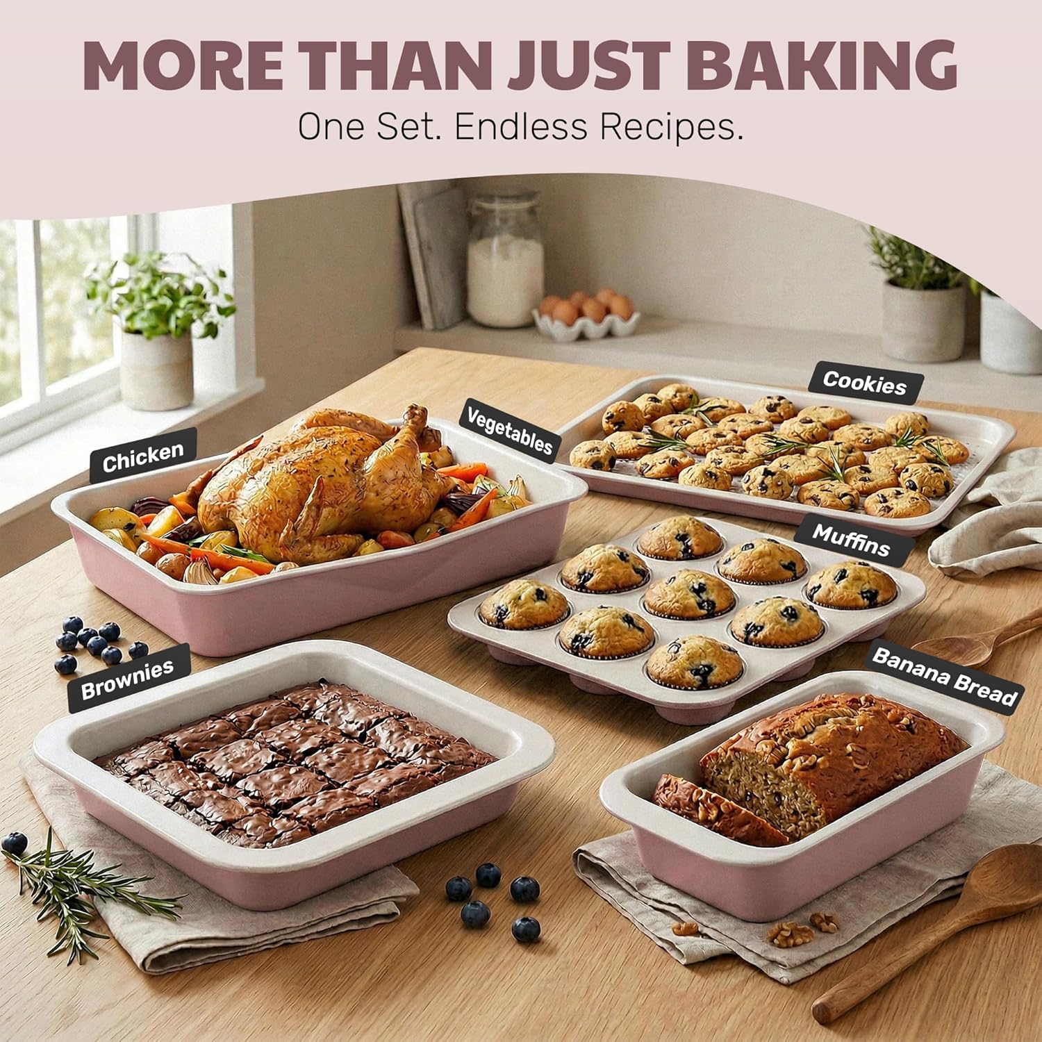 Gotham Steel 6 Pc Stackable Baking Pans Set, 70% Space Saving Design, Ceramic Bakeware Sets Non Toxic Made Without PFOA PFOS, with Baking Sheet Tray, Cake & Muffin Pans, Oven & Dishwasher Safe