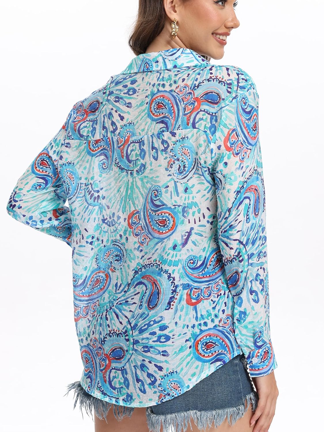 SUNNOW Women's Vintage Style Paisley Print Long Sleeve Button Down Shirt Breathable Summer Blouse Boho Chic Retro Tops - Image 7