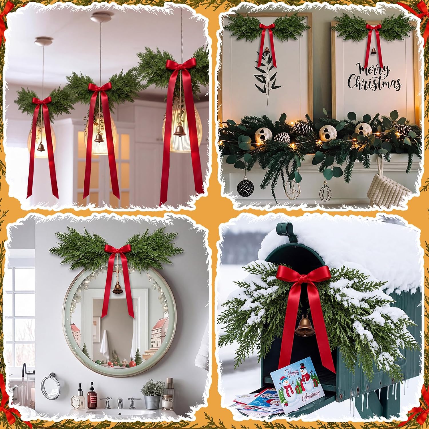 6 Pcs 24 Inch Christmas Cedar Swags Decoration with Red Bow and Bell