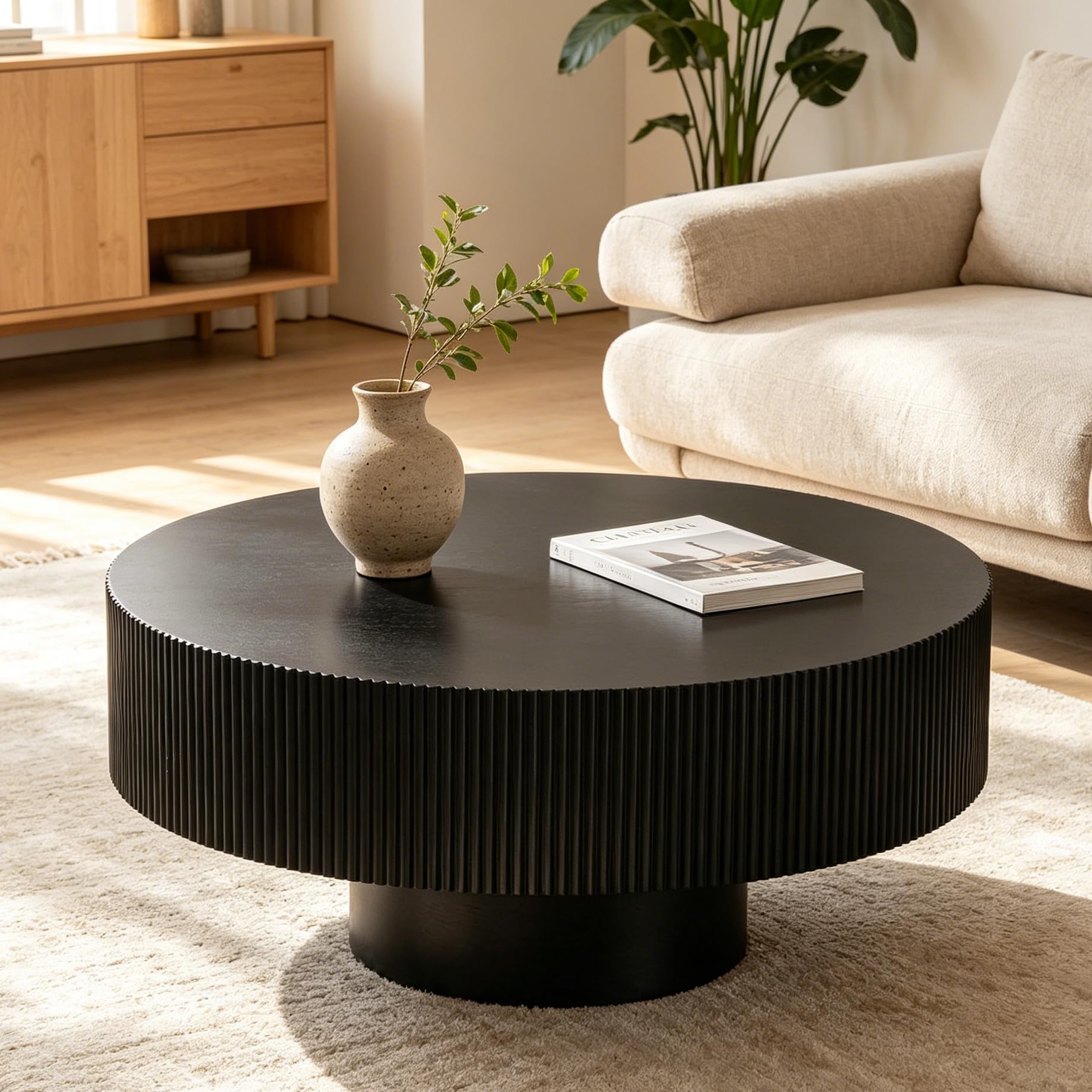 TYONGCOFF Round Wood Coffee Table, Mid Century Modern Drum Coffee Table