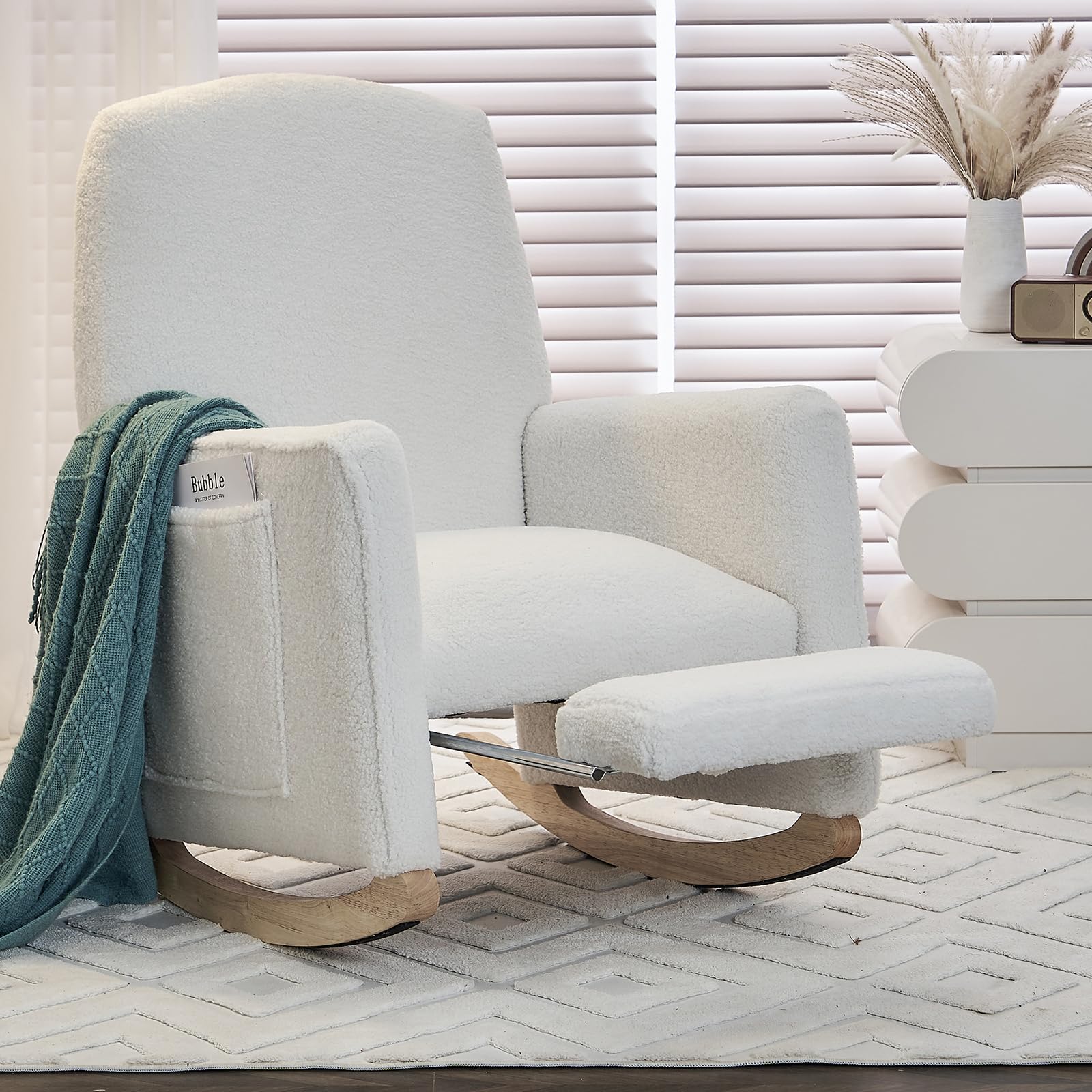 Modern Rocking Chair Nursery, Comfy Glider Nursery Chair with Foot Rest, Upholstered Rocker with Pocket, Accent Reading Armchair with Solid Wood Base for Living Room, Bedroom, Lounge Room (Ivory)