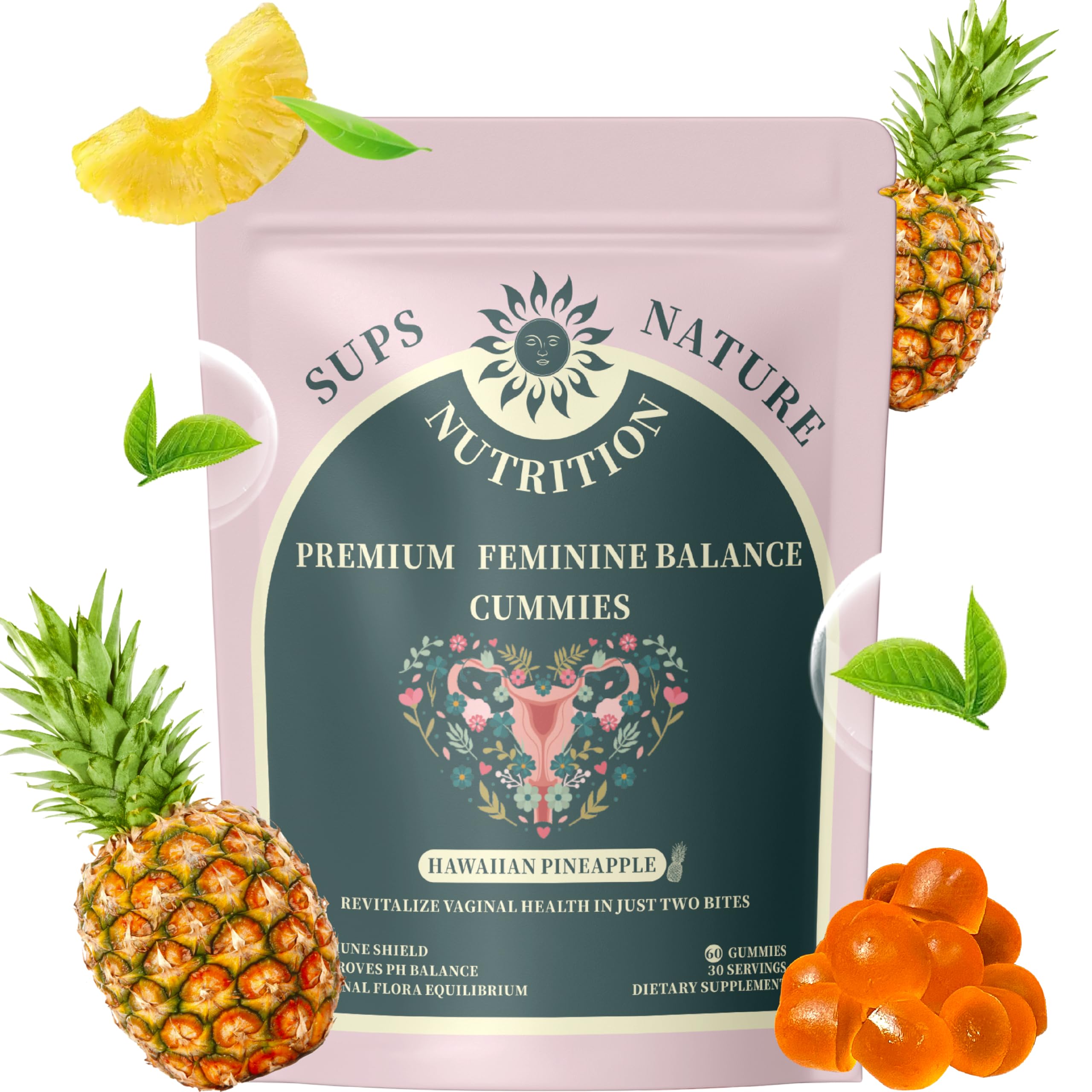 Women's Probiotic Gummies Premium Feminine Balance Gummies for Women – pH Balance Health Support with Probiotics Hawaiian Pineapple Flavor-Vegan & Sugar-Free, 60 Gummies 30 Servings