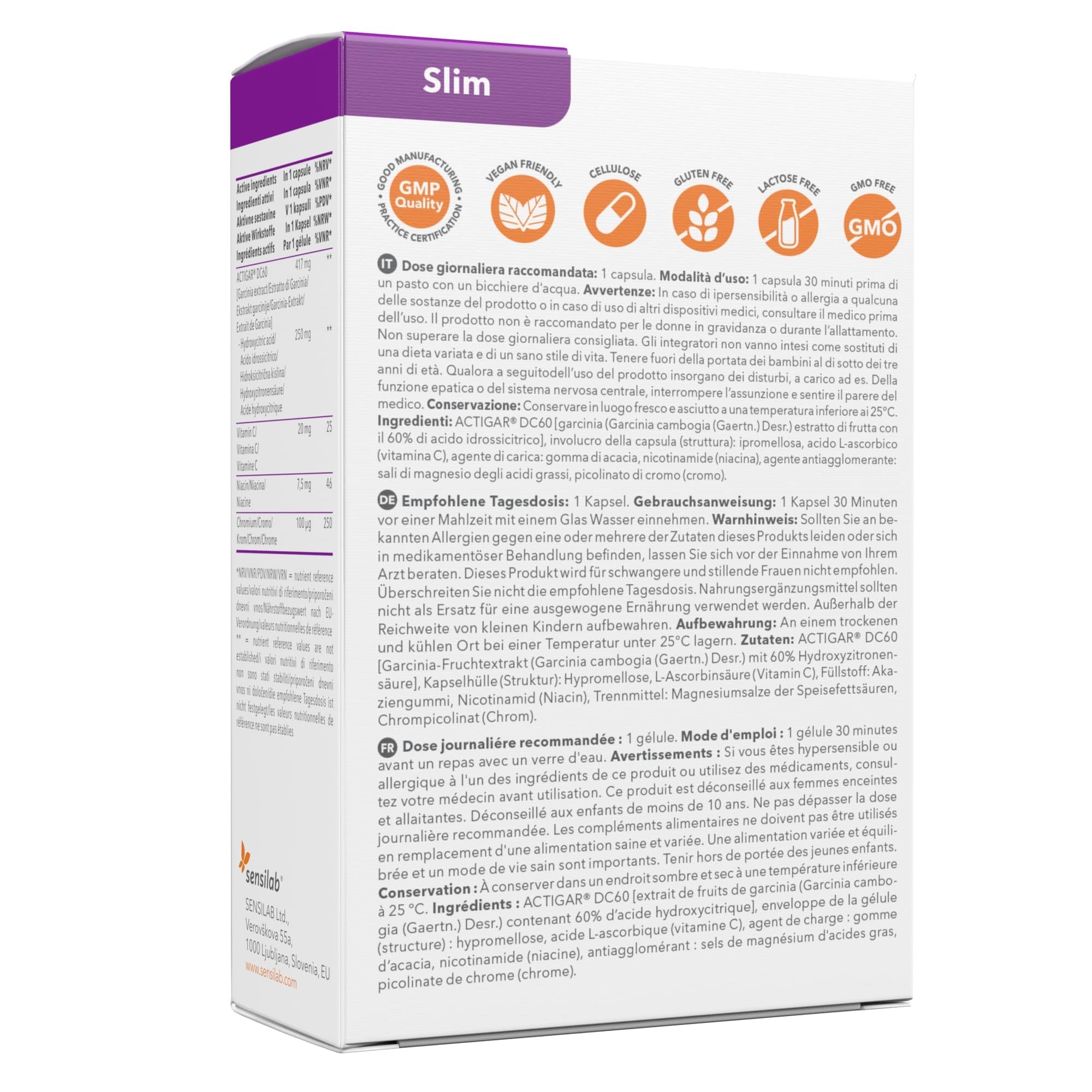 Sensilab Garcinia Slim - 417 mg Garcinia Cambogia (60% HCA) - Mit zusätzlichem Vitamin C, Niacin und Chrom - 90 Kapseln für 90 Tage