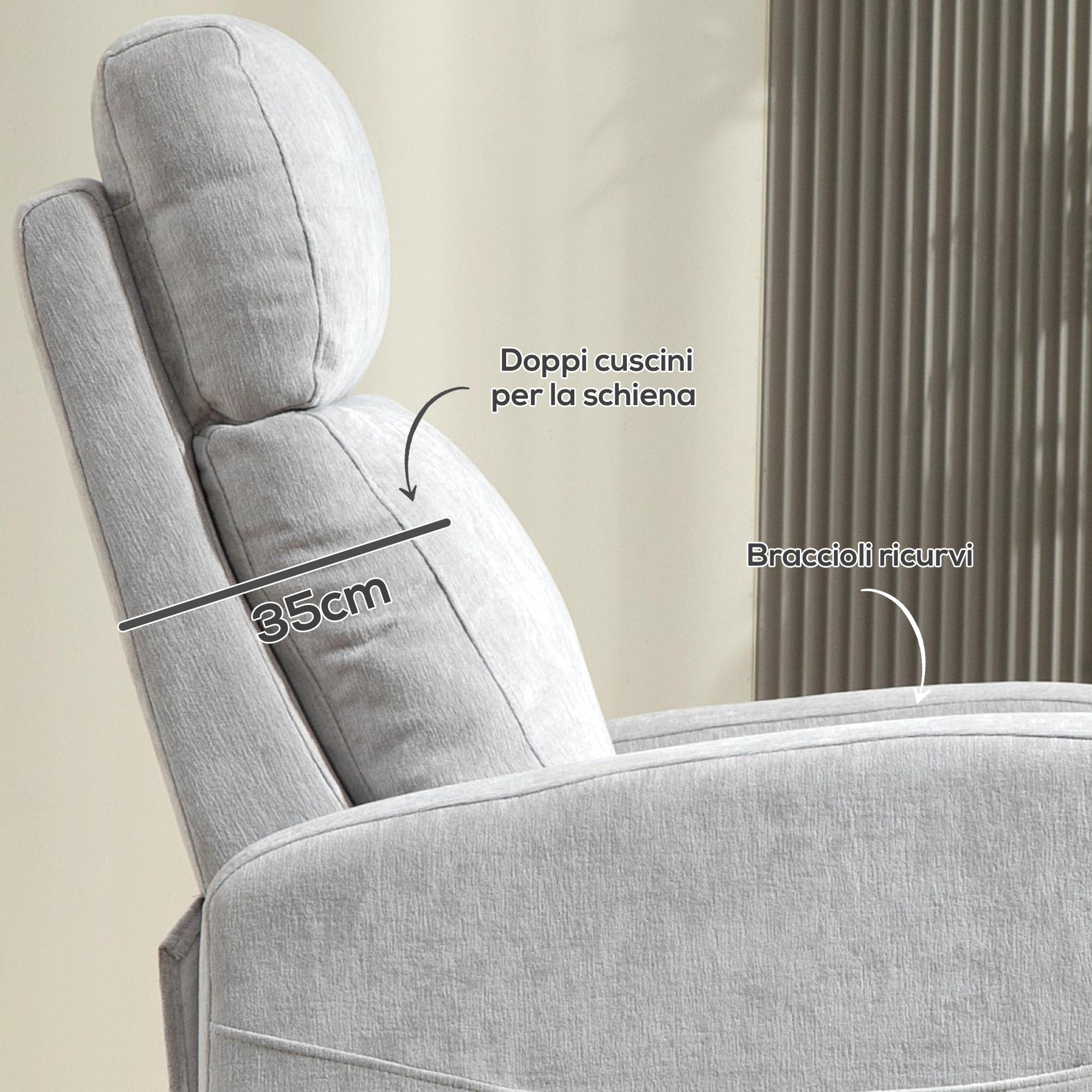 HOMCOM Poltrona Relax Reclinabile Manuale con Poggiapiedi e Braccioli Ricurvi, Poltrona Reclinabile con Gambe in Legno, Tessuto e Acciaio per Camera da Letto, Salotto e Soggiorno, Grigio Chiaro