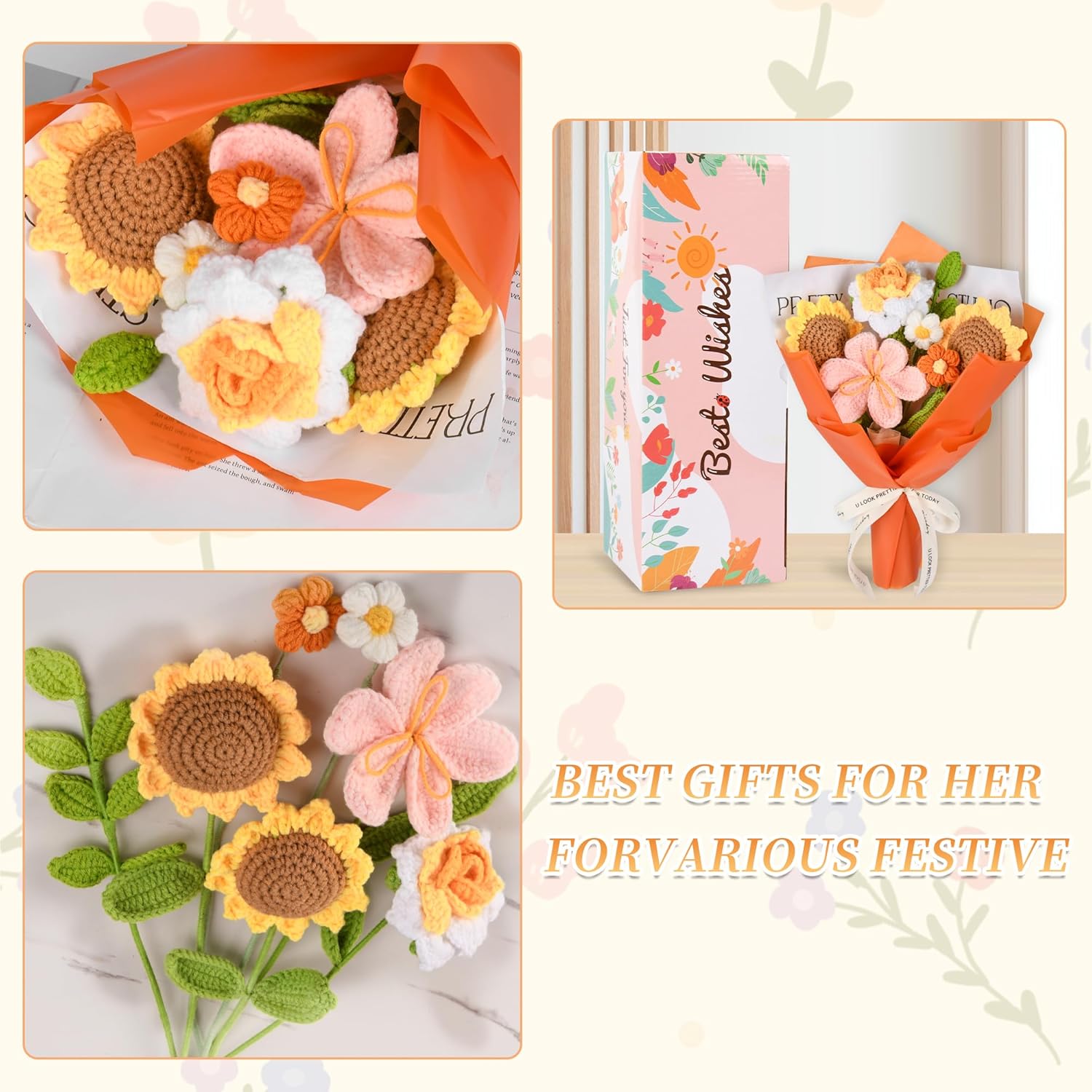 Crochet Flower Bouquet, Orange Crochet Flowers Gifts for Her, Crochet Sunflowers Tulips Roses Bouquet for Valentines Day, Weddings Birthdays Home Decor Gift for Women Moms Wife Friends - Image 3