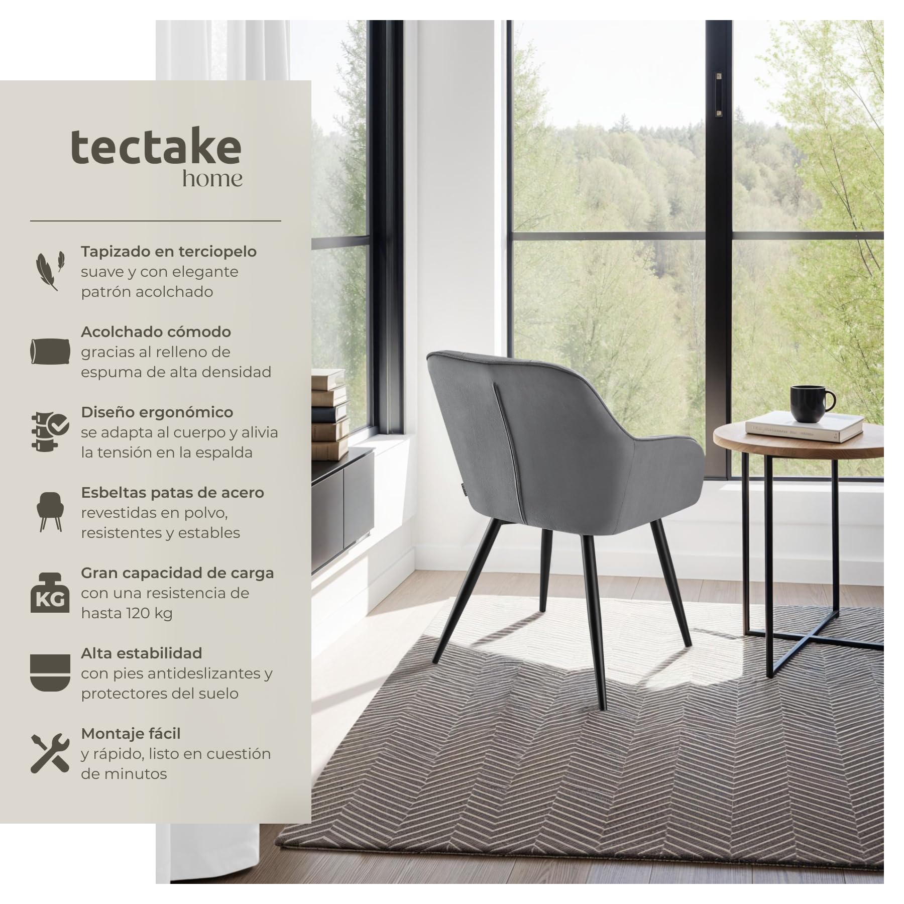 tectake® Silla de Comedor con Tapizado Aterciopelado Acolchado, Silla de Cocina Elegante y Moderna, Patas de Acero, Fácil Limpieza, Ideal Silla Salón, Tocador, Dormitorio - 1 Silla Gris/Negro