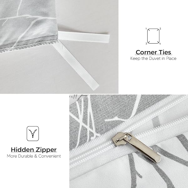 Tokokimo 4PCS Duvet Cover Sets King Size Bedding Sets, Botanical Branches Printed Grey Kingsize Duvet Cover Sets with Pillowcases and Extra Fitted Sheet, Soft Microfiber King Size Bedding Sets - 5