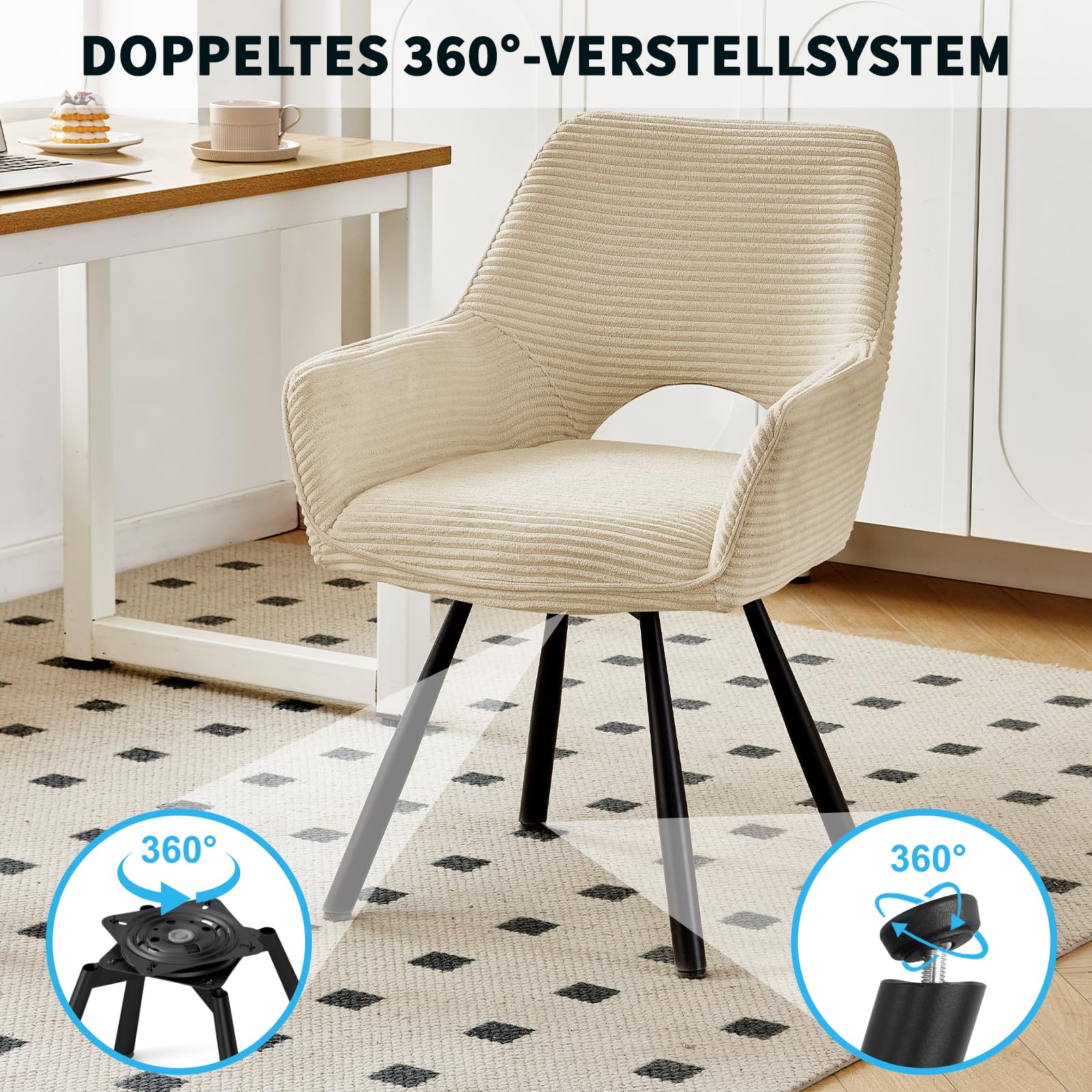 JIJIAN 1er Set Esszimmerstuhl Drehbar mit Armlehne, Drehbar 360°, Küchenstuhl, Moderner Polsterstuhl mit Stoffrückenlehne für Küche, Esszimmer, Schlafzimmer, Beige