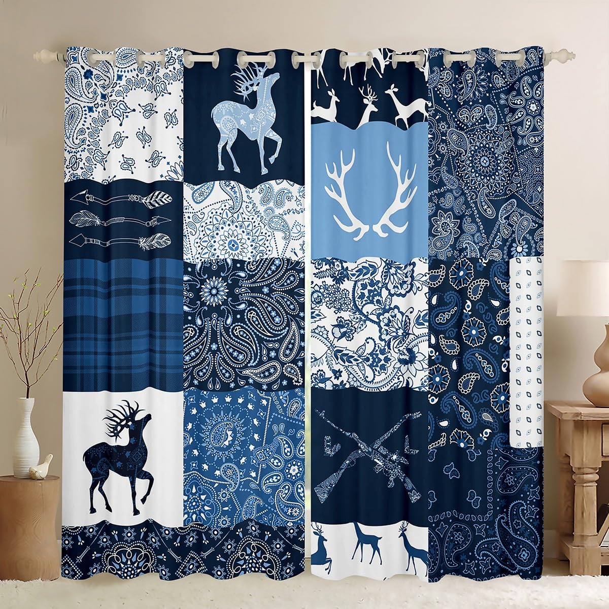 Homemissing Cute Deer Curtains for Bedroom Living Room Deer Hunting Blackout Curtains (2 Panels,W52*L63) Antlers Darkening Blackout Curtain Decor Western Farmhouse Window Treatments Paisley