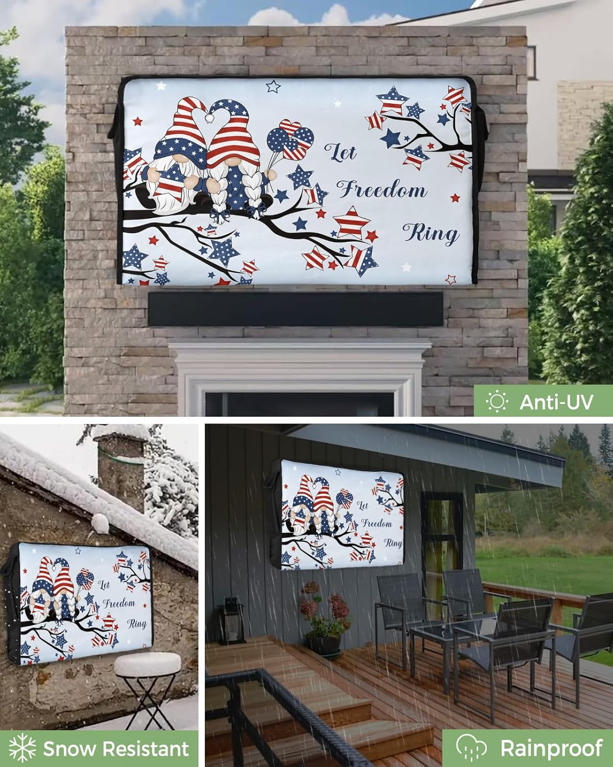 Outdoor TV Cover - 4th of July USA Flag Patriot Gnome Tree Balloon Aqua Blue Waterproof and Weatherproof 52"-55" LCD Movable Shield TV Display Screen Protector Outside Television Covers