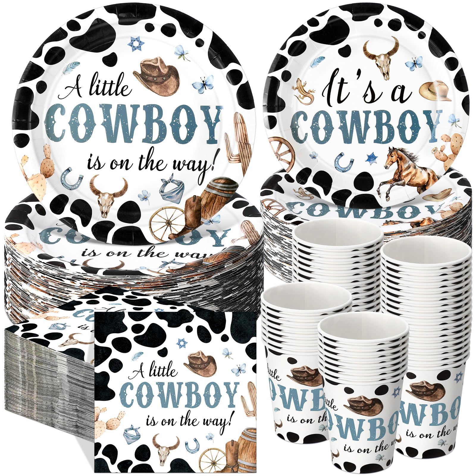 Pickmesh 250 Pcs Cowboy Baby Shower a Little Cowboy Is on the Way Party Decorations Wild Western Theme Disposable Plates Napkins Cups for Baby Shower
