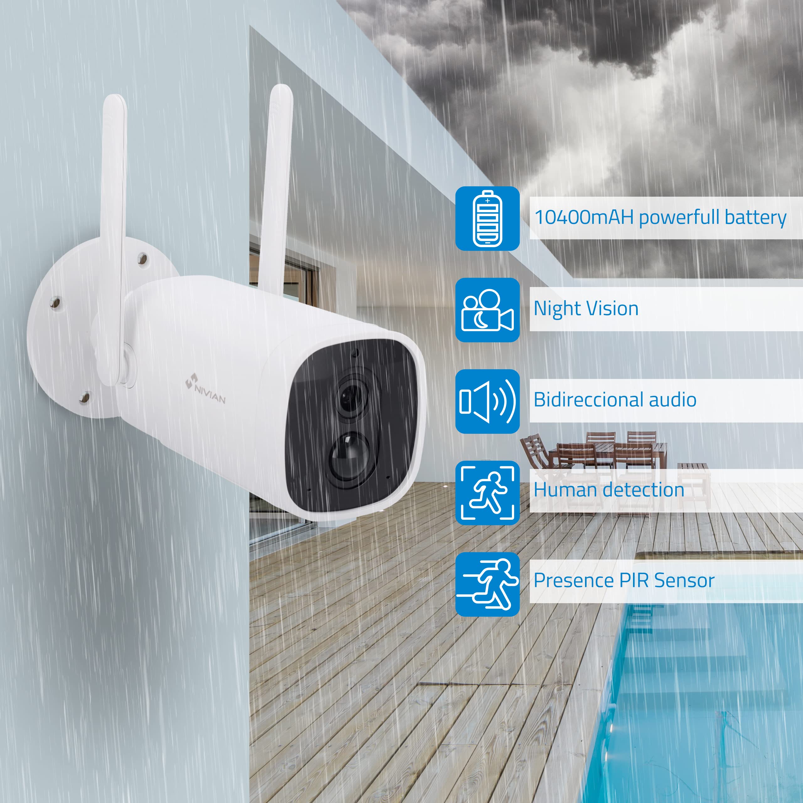 NIVIAN-Cámara de vigilancia WiFi-Batería Larga duración 10400mAh hasta 240 días-FullHD-Detección de Movimiento y Humanos-Apta Exterior-Visión Nocturna-Audio bidireccional- Alexa, Google Home,App Tuya