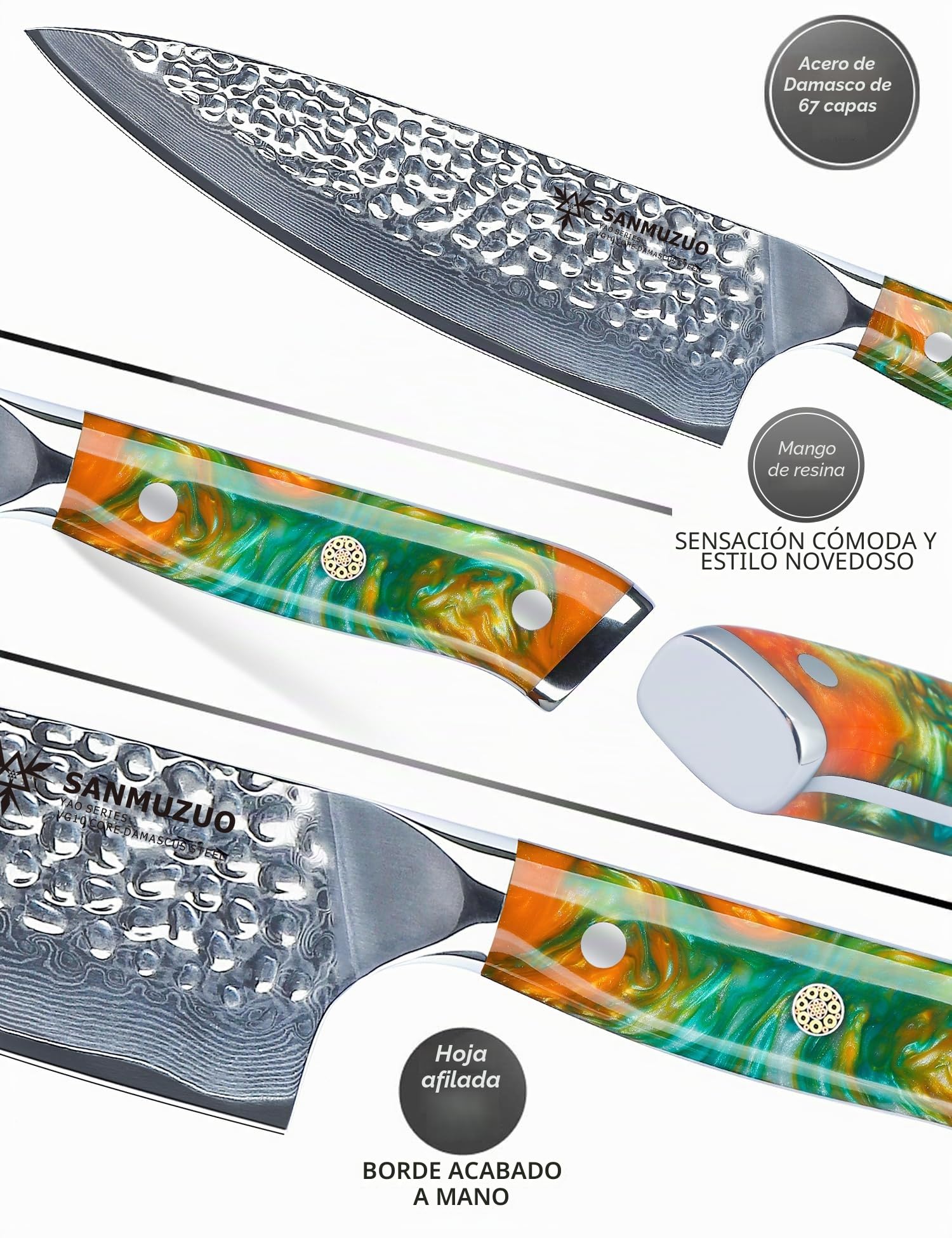 Cuchillo de chef de 20cm, cuchillo de cocina profesional, acero damasco martillado y Mango de resina - Serie YAO
