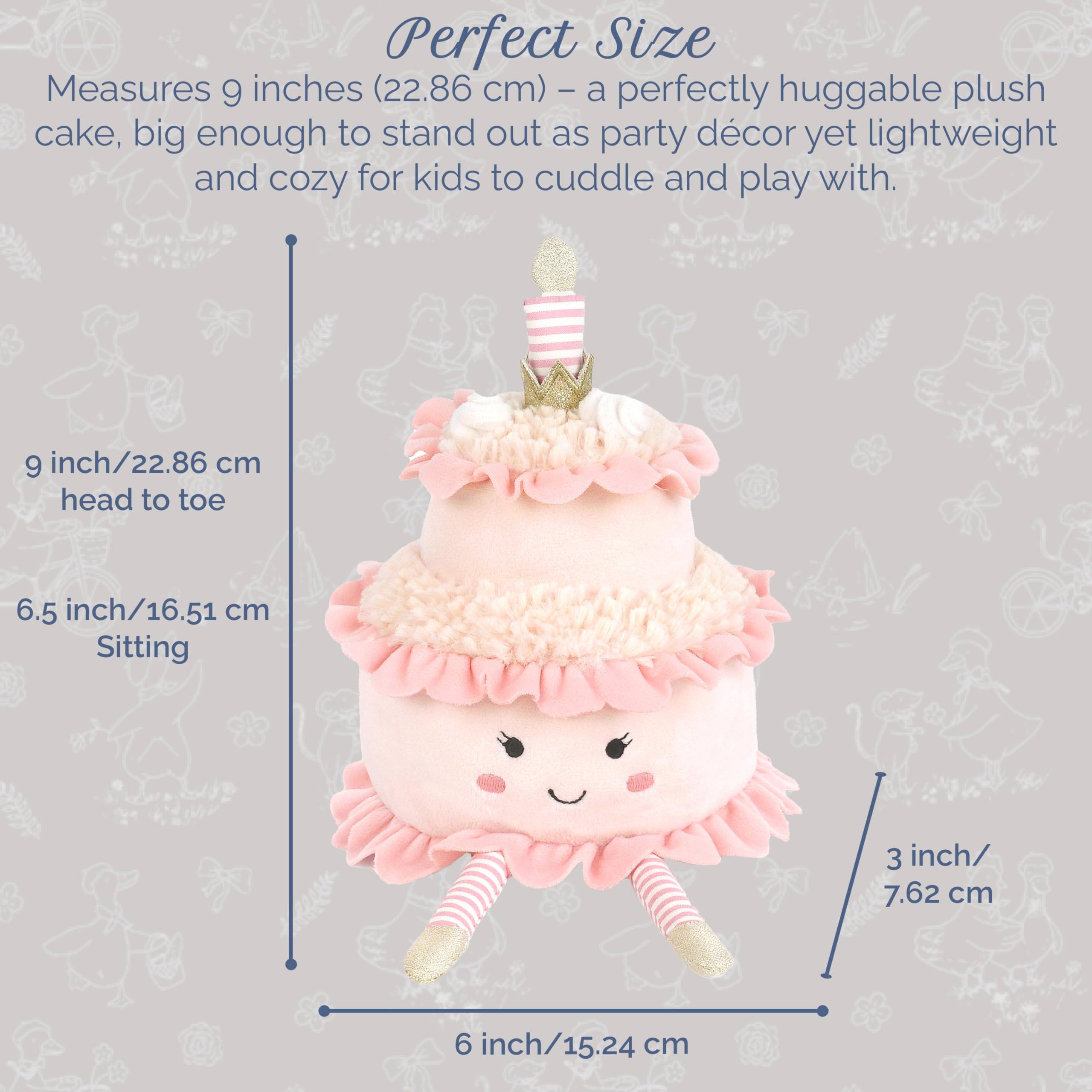 MON AMI Peluche de pastel de pañales – Animal de peluche dulce postre de 22,9 cm – Adorable pastel de cumpleaños de dos niveles con vela y piernas a rayas | Linda peluche decorativo y regalo para