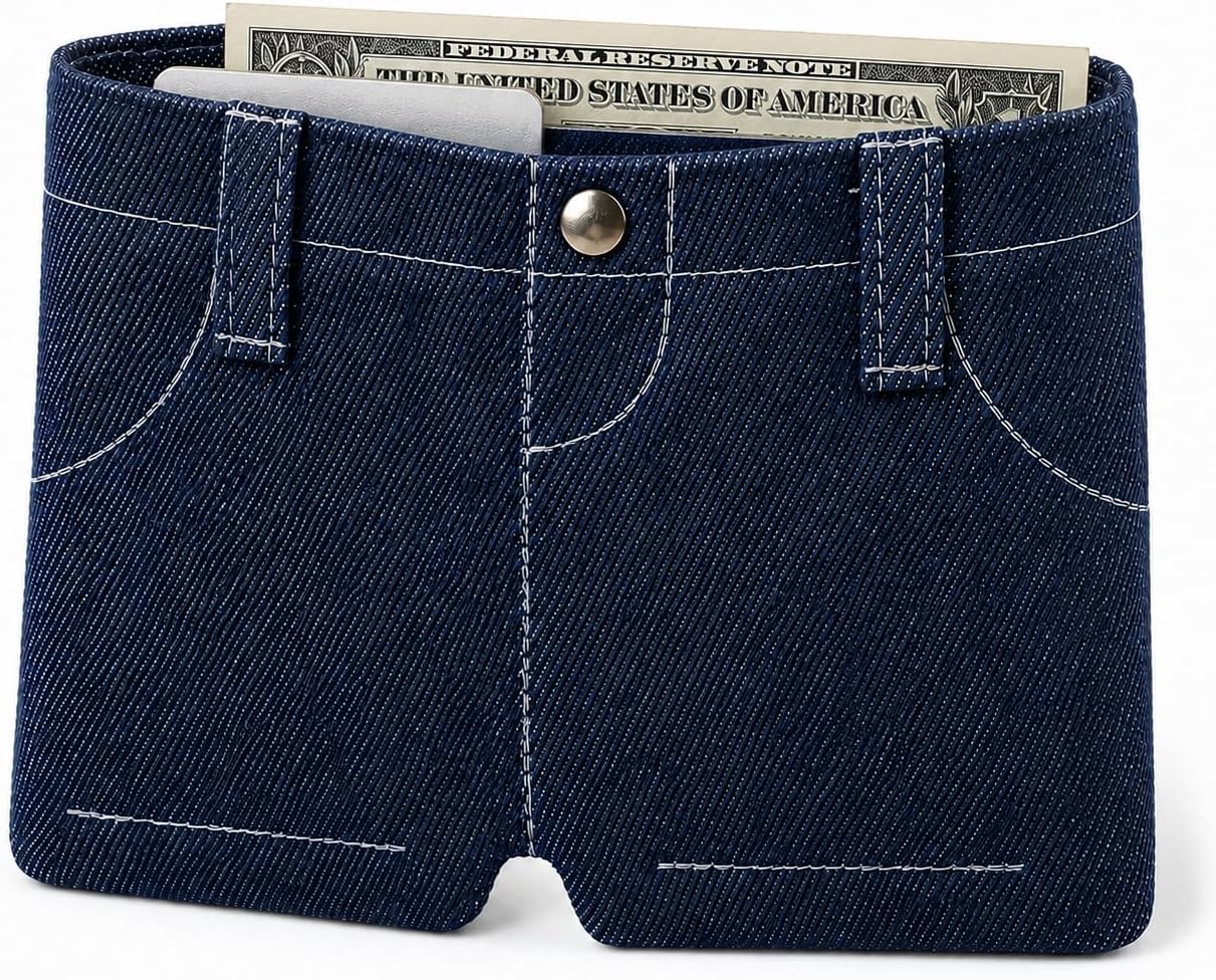 Pocket Pants Mini Jeans Wallet,Funny Jorts Style Denim Shorts Purse with 6 Card Slots for All Ages, Slim Folding Card Holder for Teens & Adults, Novelty Gag Gift for Men & Women (Classic)