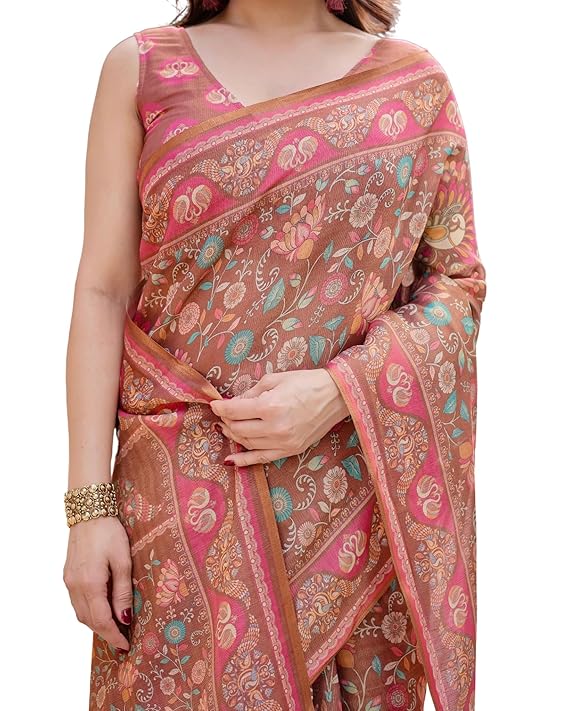 Women's Floral Printed Handloom Cotton Silk Saree with Zari Border and Tassel Pallu Unstitched Blouse Piece | Traditional Ethnic Wear Sarees | Women saree silk | Festive Sari Women's