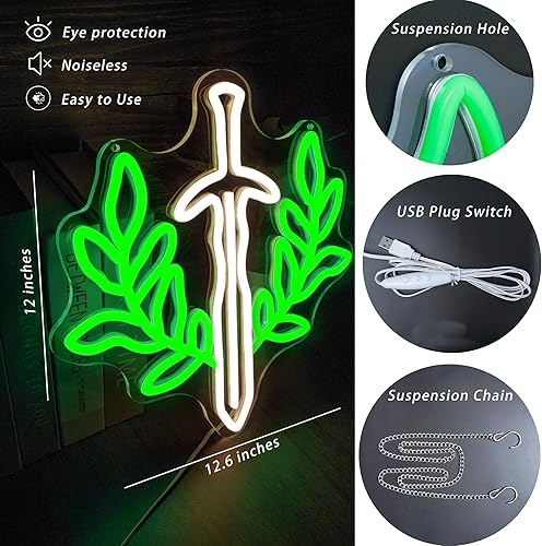 Miniatura 3 de Letrero de Neón de Libro de Espada de Fantasía Luz de Neón Verde Regulable Arte de Pared para Salas de Juegos y Amantes de los Libros de Fantasía
