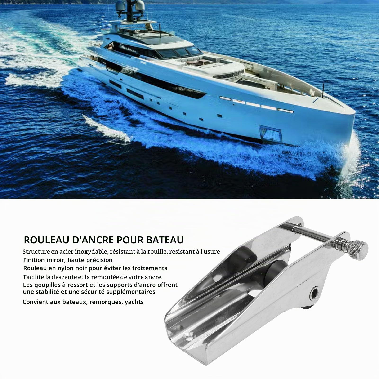 Davier d'ancre de Bateau en Acier Inoxydable Poli de 200 mm, Support d'étrave avec goupille à Ressort pour remorque et Yacht, Installation Facile