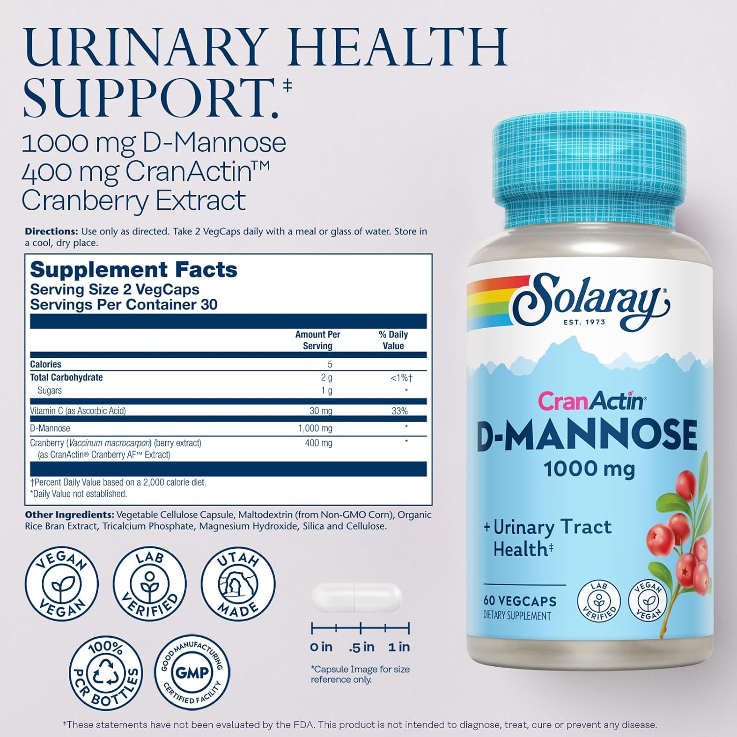SOLARAY D-Mannose with CranActin Cranberry Supplement 400mg, Urinary Tract Health & Bladder Support Capsules with Vitamin C for Immune Function, Vegan, 60 Day Guarantee, 30 Servings, 60 VegCaps - Image 2