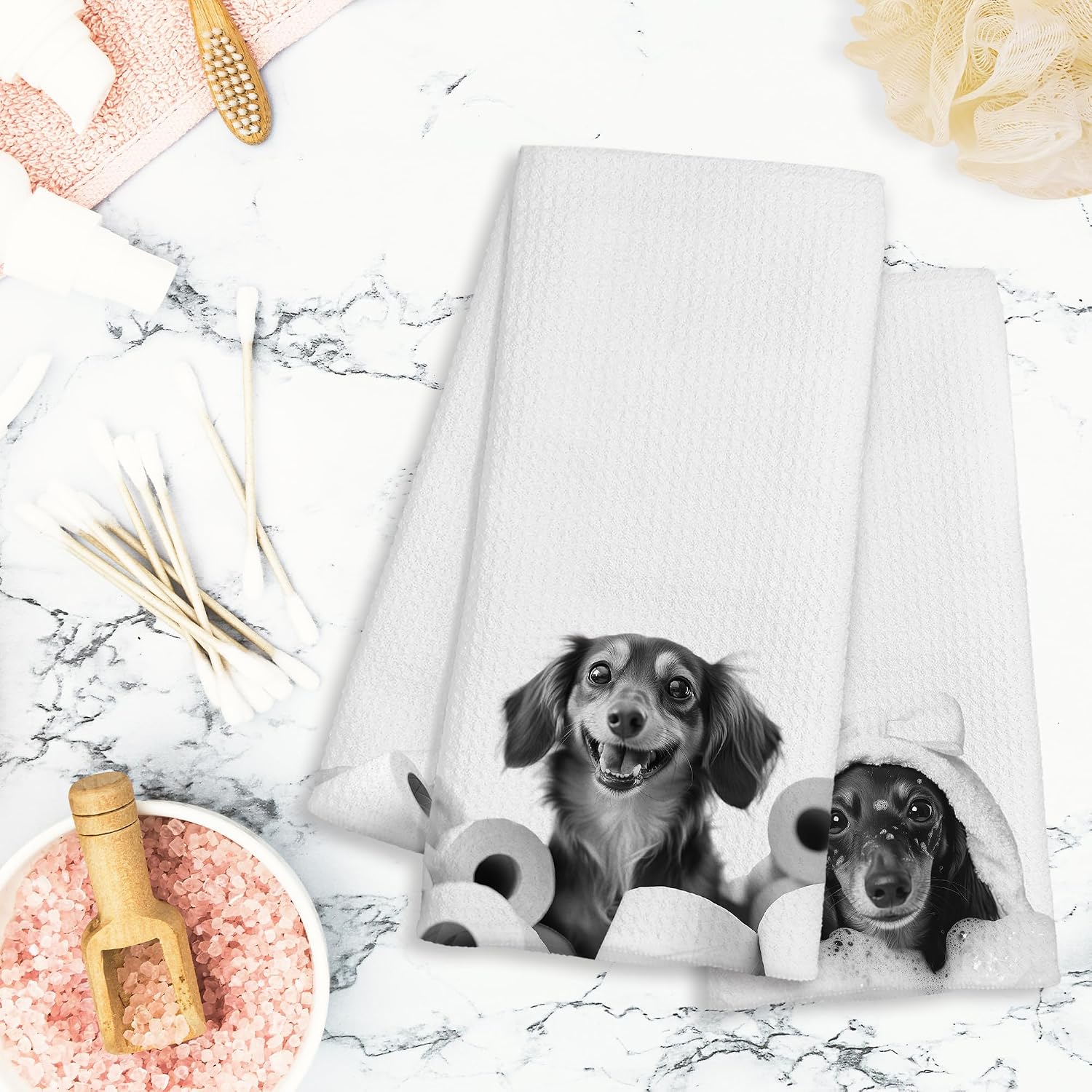 Funny Dachshund Bathroom Hand Towels, Cute Weiner Dog with Bathrobe and Toilet Paper Decorative Hand Towels for Kids Bathroom Washroom Restroom, Dachshund Lover Gifts, 16x24 Inch Set of 2 image 2