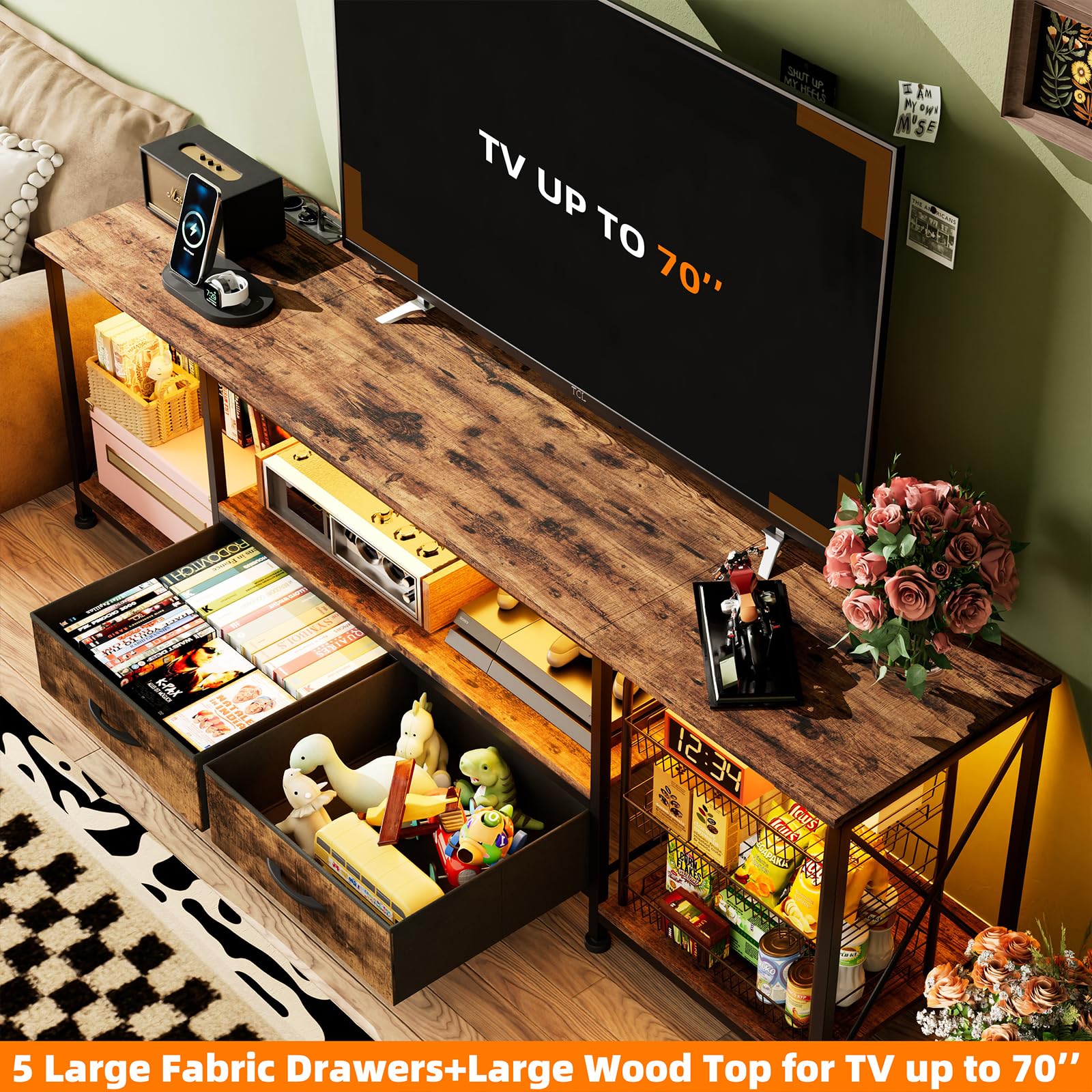 Meuble TV avec Lumières LED Armoire de Télévision avec Prise Meuble Télé de Salon per Téléviseur 75 Pouces 180cm Banc TV Armoire Basse per Salon, Chambre Marron