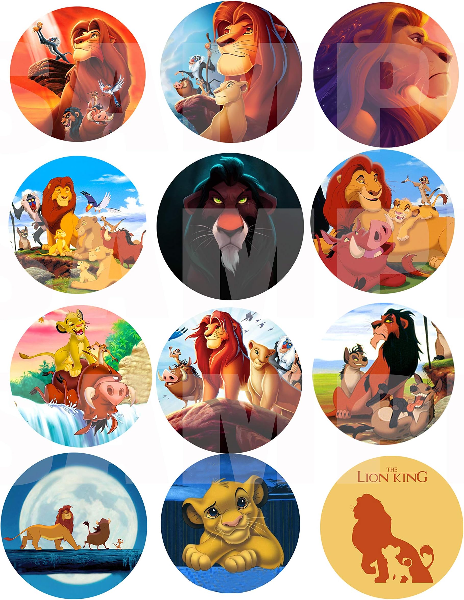 Lion King Animated Movie Stickers, Large 2.5” Round Circle DIY Stickers to Place onto Party Favor Bags, Cards, Boxes or Containers -12 pcs Simba Nala Mufasa Timon Pumbaa Rafiki Scar Zazu Sarabi