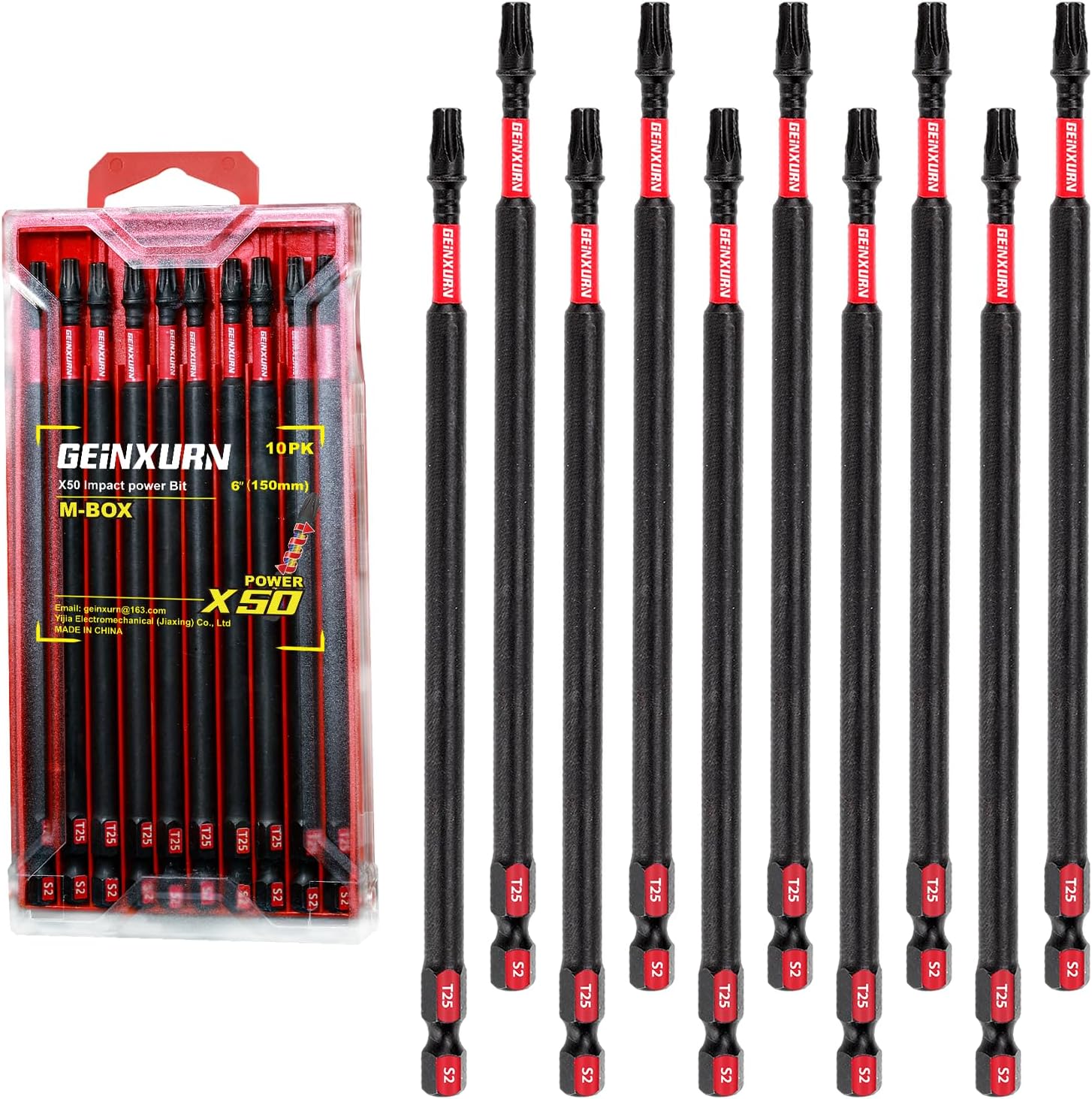 Geinxurn 10 Pieces 6 In. T25 Impact Tough Magnetic Screwdriver Bit Set, #25 Torx Head Power Bits, S2 Alloy Steel Star Bits with Storage M-Box
