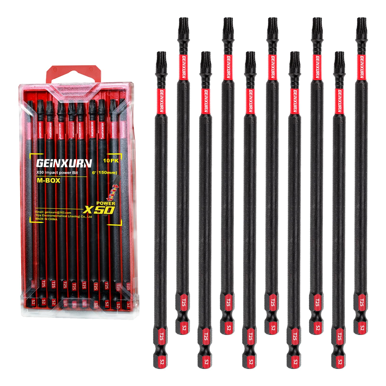 Puntas de destornillador T25 de impacto Geinxurn, juego de 10 piezas de acero S2 con caja M