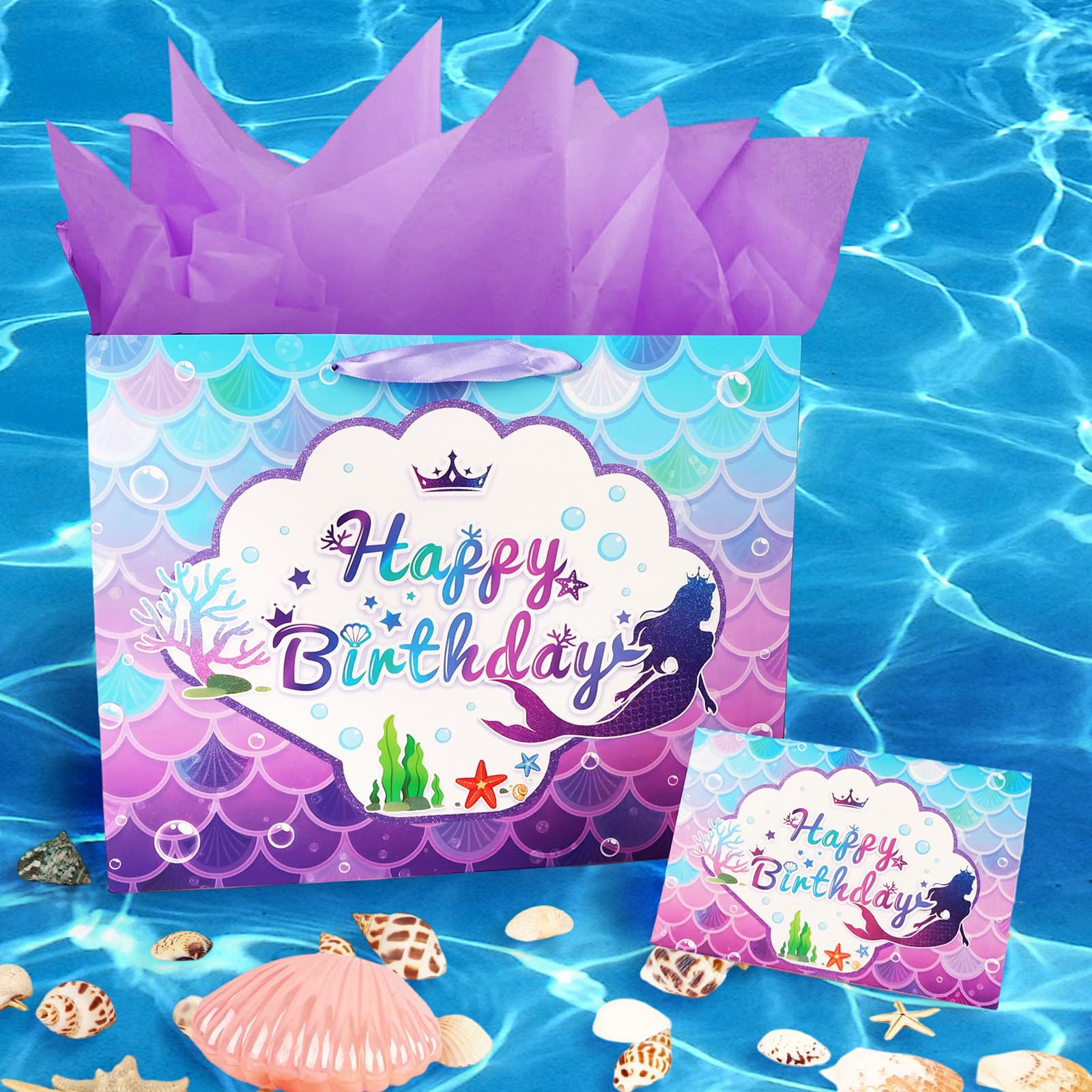 CIEHER Birthday Gift Bags for Girls with Mermaid Greeting Card and Purple Tissue Papers for Birthday Gifts - Mermaid Pattern