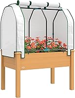 Outsunny Raised Garden Bed with PE Greenhouse Cover - Elevated Fir Wood Planter Box for Herbs, Veggies, Patio/Backyard, 35.4x21.7x46.9 Inch, Sand