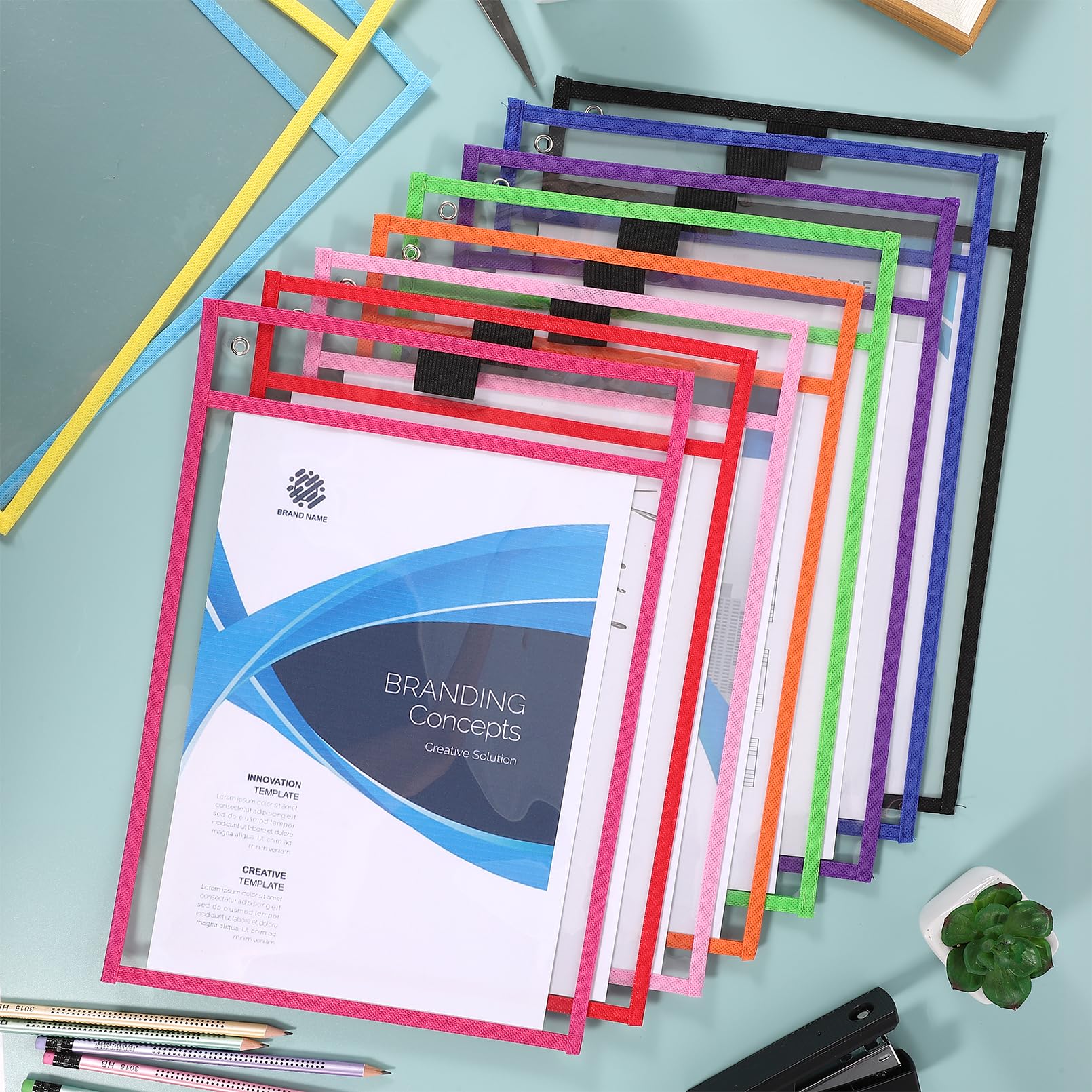 Jeffbaubl 30 Stück Dry Erase Taschen, Wiederverwendbar Trocken Abwischbare Taschen,10 Farben Dry Erase Pockets, Abwischbare Durchsichtige Hüllen, Schreibwaren Lieferungen für Büro und Schule