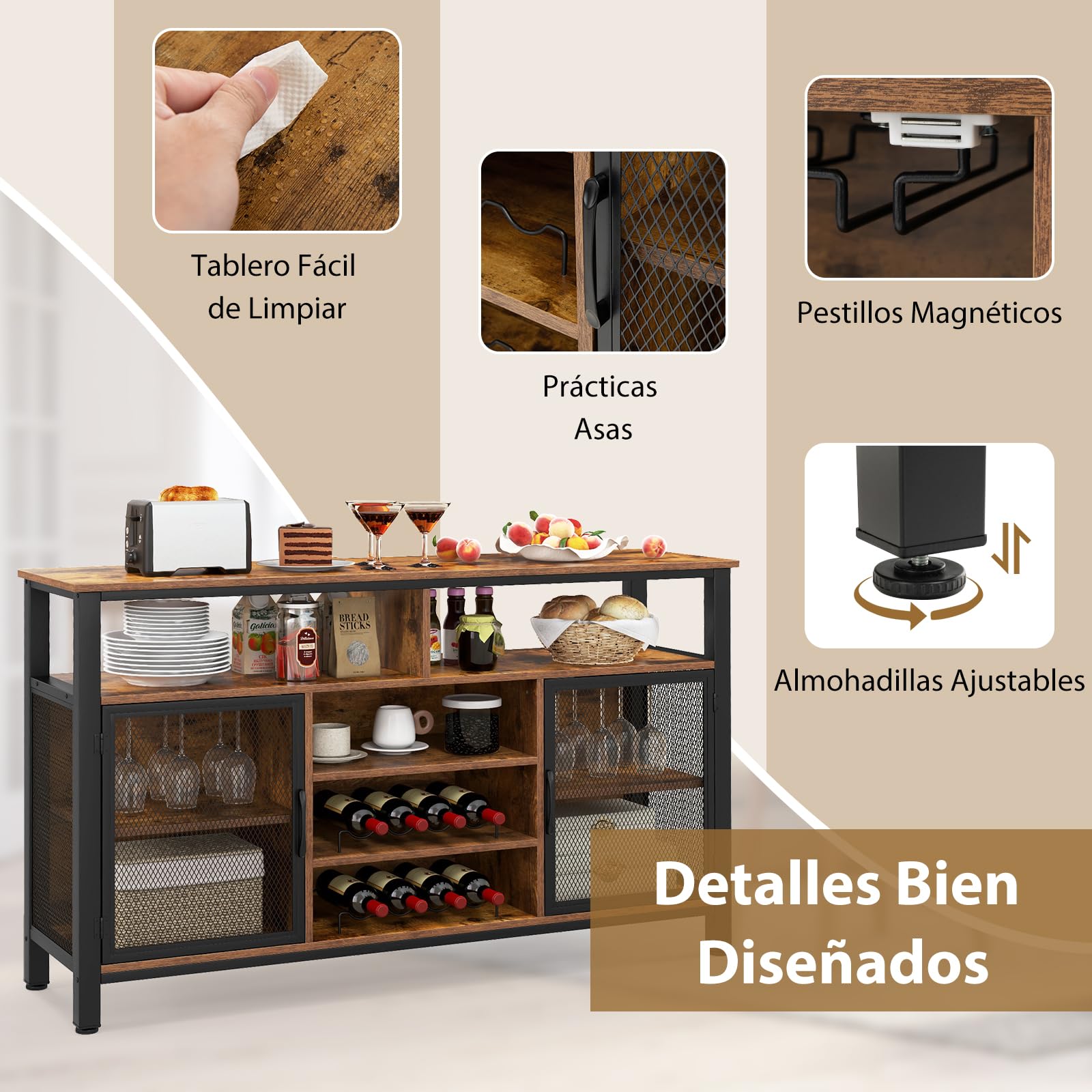 GOPLUS Mueble para Vinos, Estación de Café de 140 Cm con Estantes para 8 Botellas de Vino y Soportes para Copas, Aparador de Cocina con Almacenamiento para Comedor, Sala de Estar (Marrón)