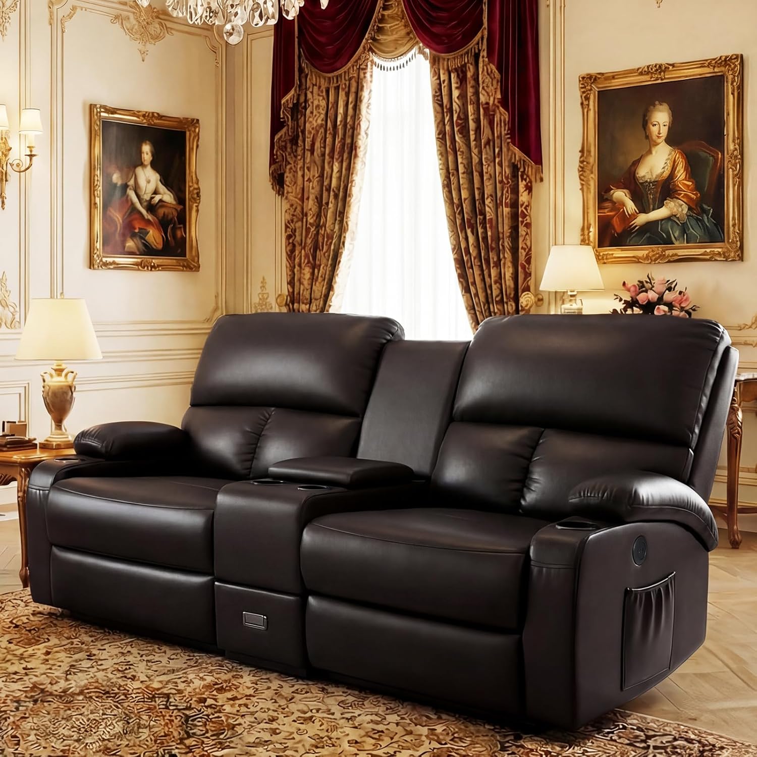 LEVELEVE Home Theater Seating,RV Recliner Sofa with Massage and Heat,Manual RV Recliner Loveseat with USB/Cup Holders and Side Pocket for Living Room,Loveseat Brown