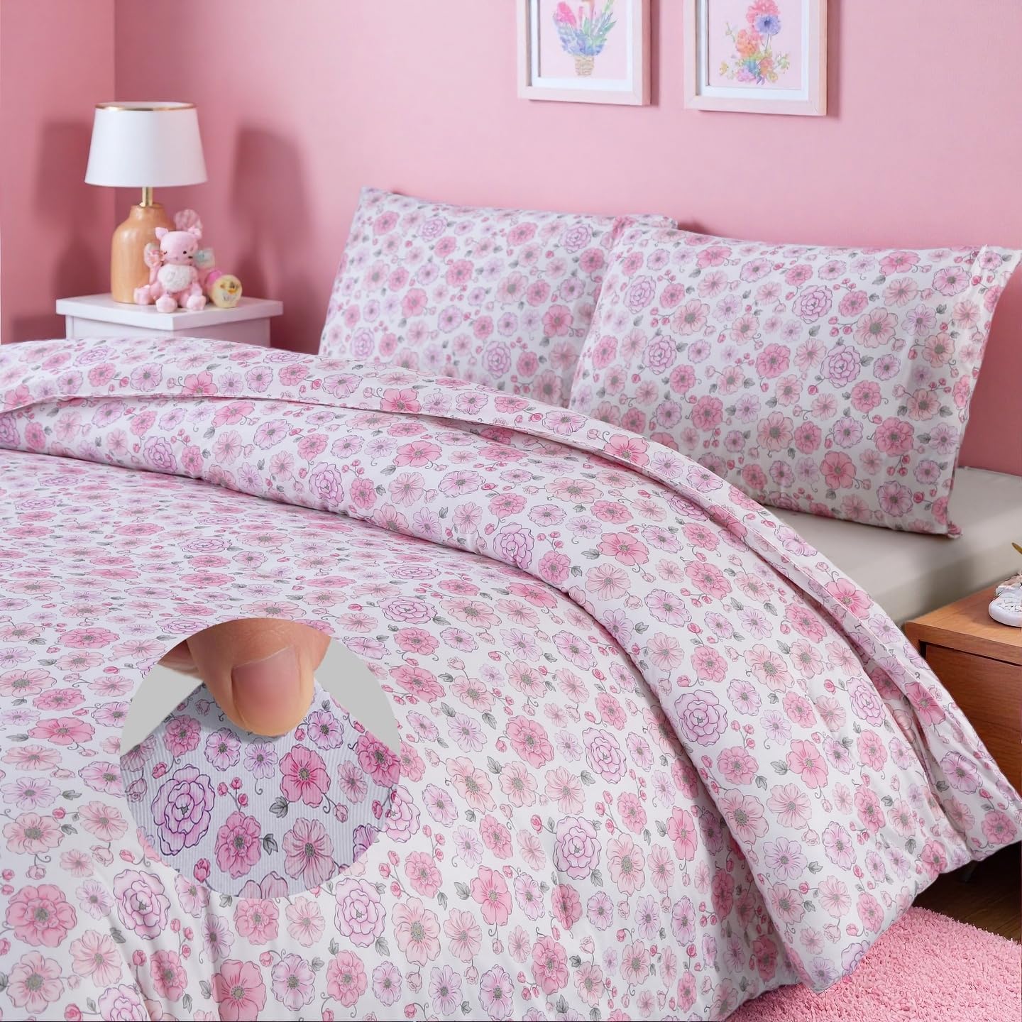 MAG 3Pcs Full Microfiber Jersey Knit Comforter,Pink Floral Bedding Set,Garden Style Flower Pattern,All Season with 1 Floral Comforter Full Size+2 Pillowcases for Kids Boys Girls,Elastic and Soft.