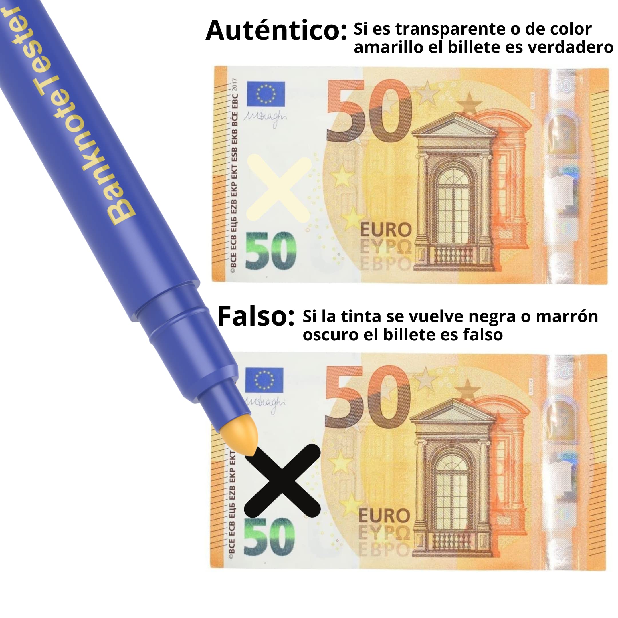 Detector Billetes Falsos 3 Unidades Rotulador Billetes Falsos 2en1 Detector de Billetes Falsos y Bolígrafo Azul - Detector Billetes Falsos Profesional Apto Para Todos los Billetes de Euro Dólar Libras