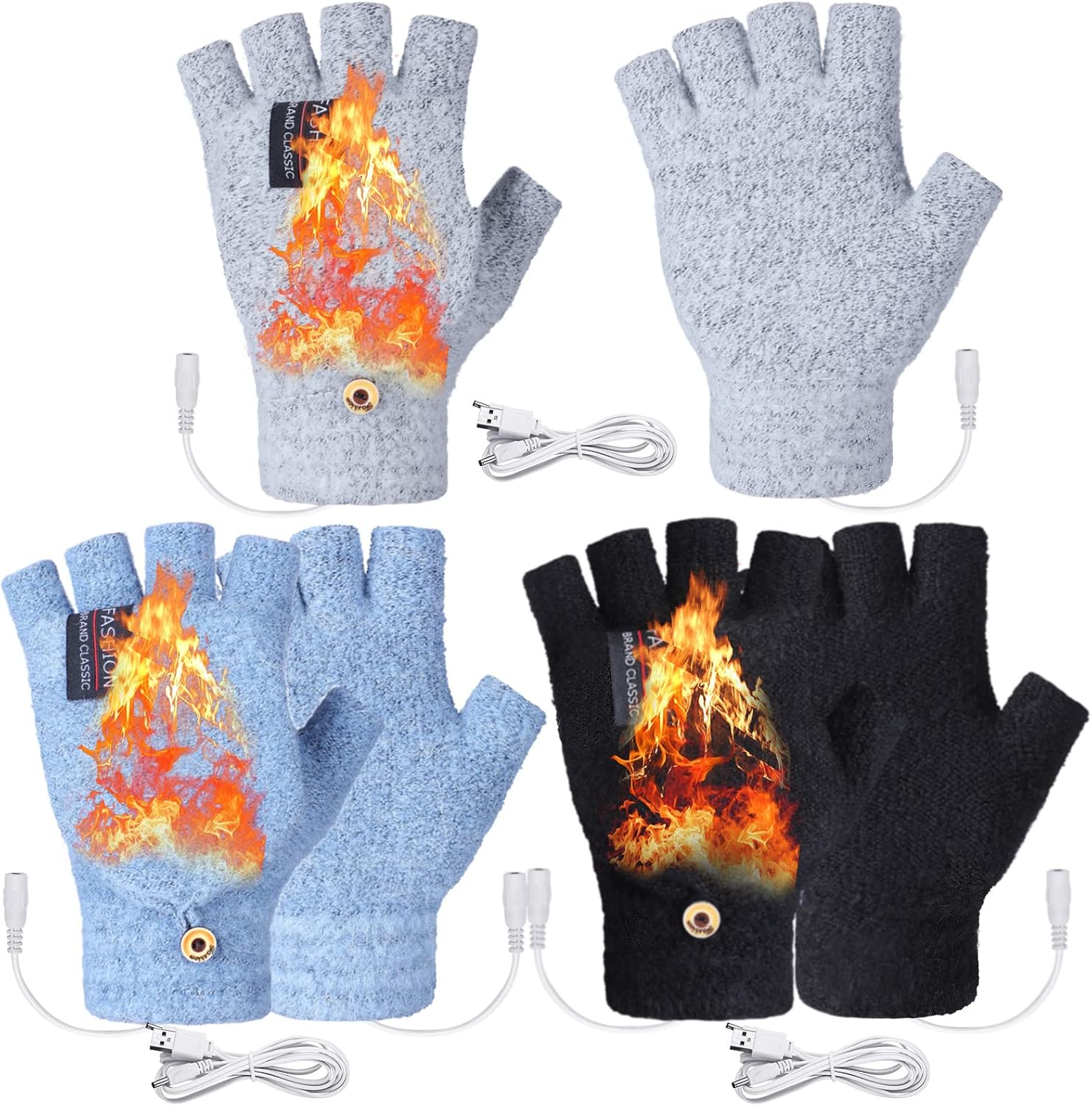 Giegxin 3 Pairs USB Heated Gloves for Women and Men Winter Hand Warmers Heating Mitten Full & Half Fingerless Heated Gloves Christmas Birthday Gift for Aldult Indoor Outdoor, Blue Black and Grey - Image 8